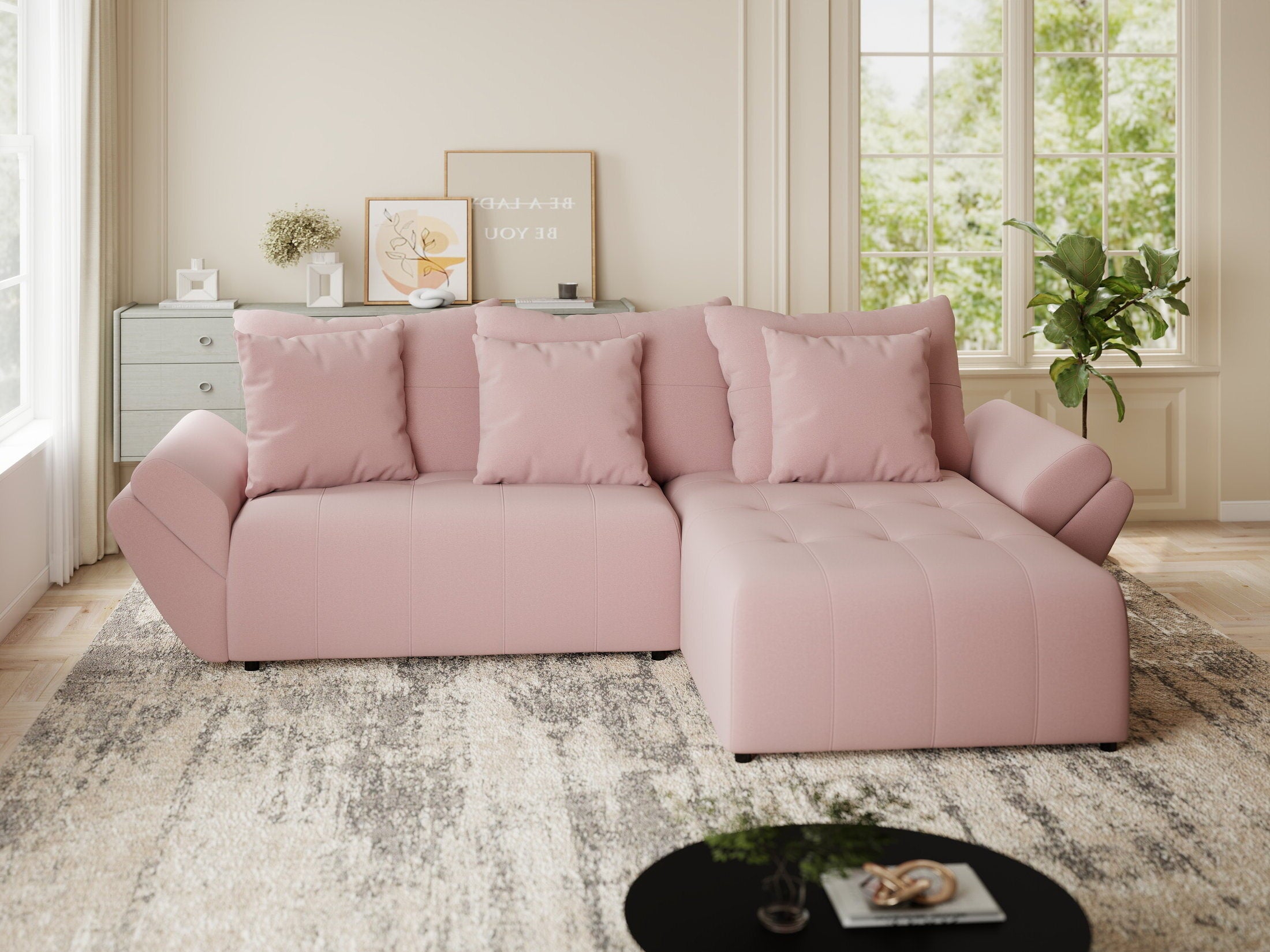 Colțar extensibil dumonde cu ladă de depozitare si sezut confortabil din spuma HR, Berlin Royal Roz 280x185 cm II