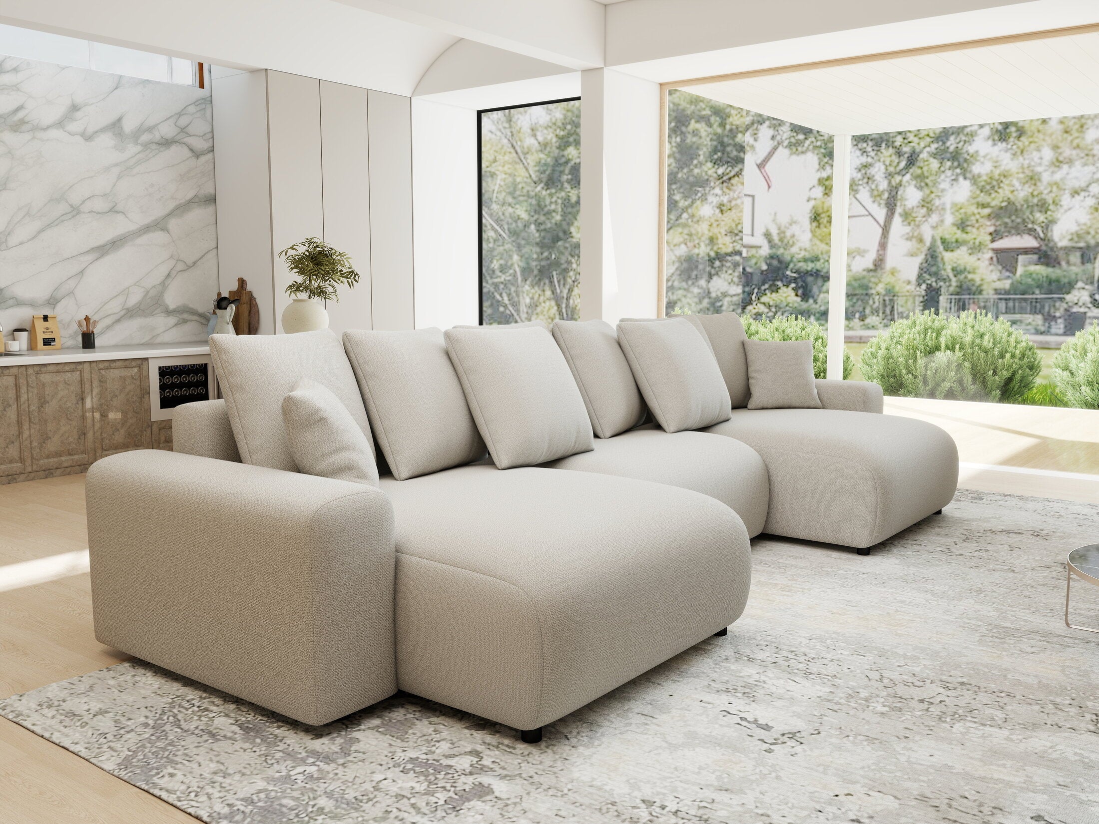 Colțar extensibil dumonde cu ladă de depozitare si sezut confortabil din spuma HR, Luma U Enjoy Bej 336x140 cm