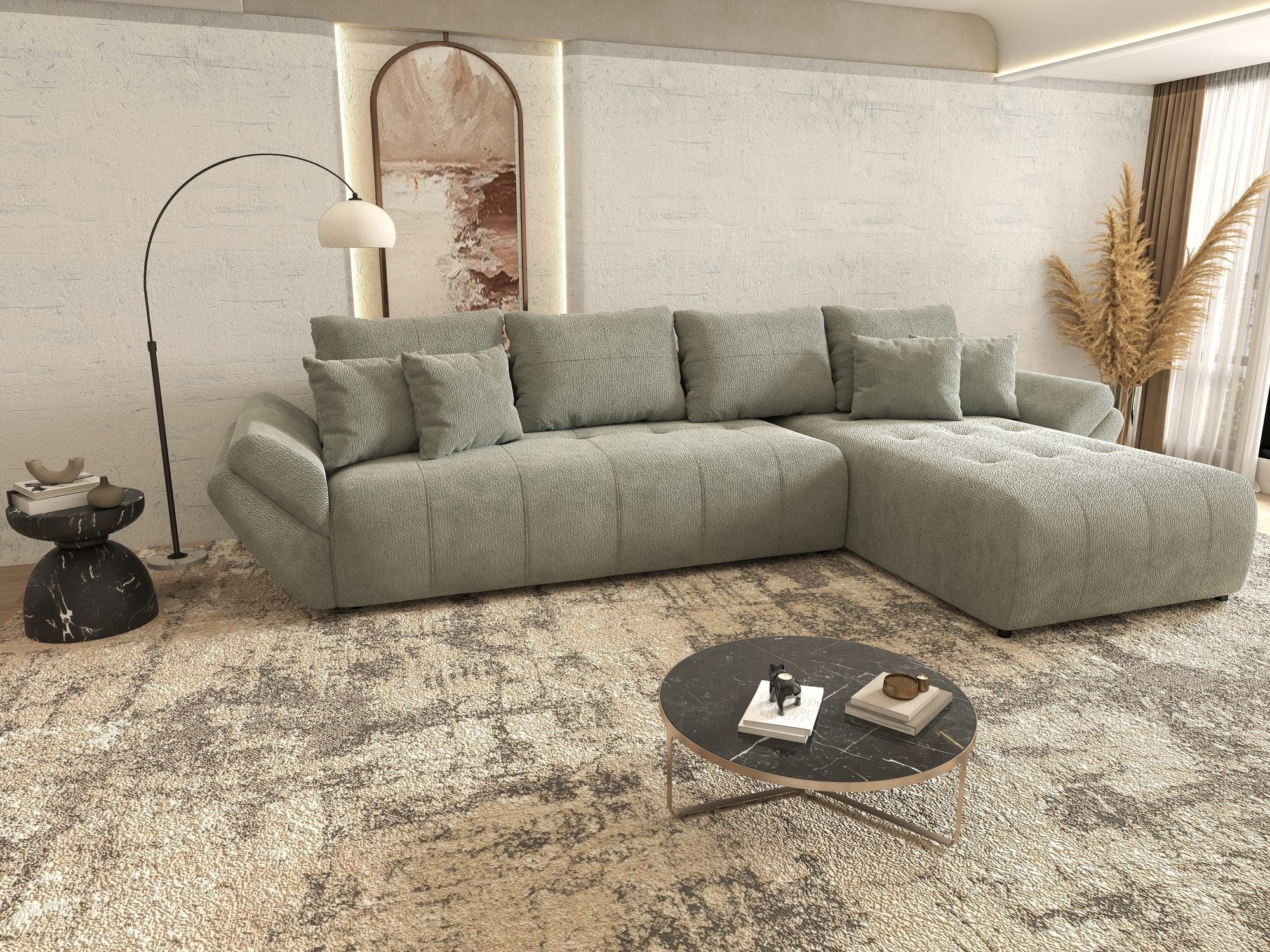 Colțar extensibil dumonde cu ladă de depozitare si sezut confortabil din spuma high-density, Berlin XL Vibe Mint 85 II 350x185 cm