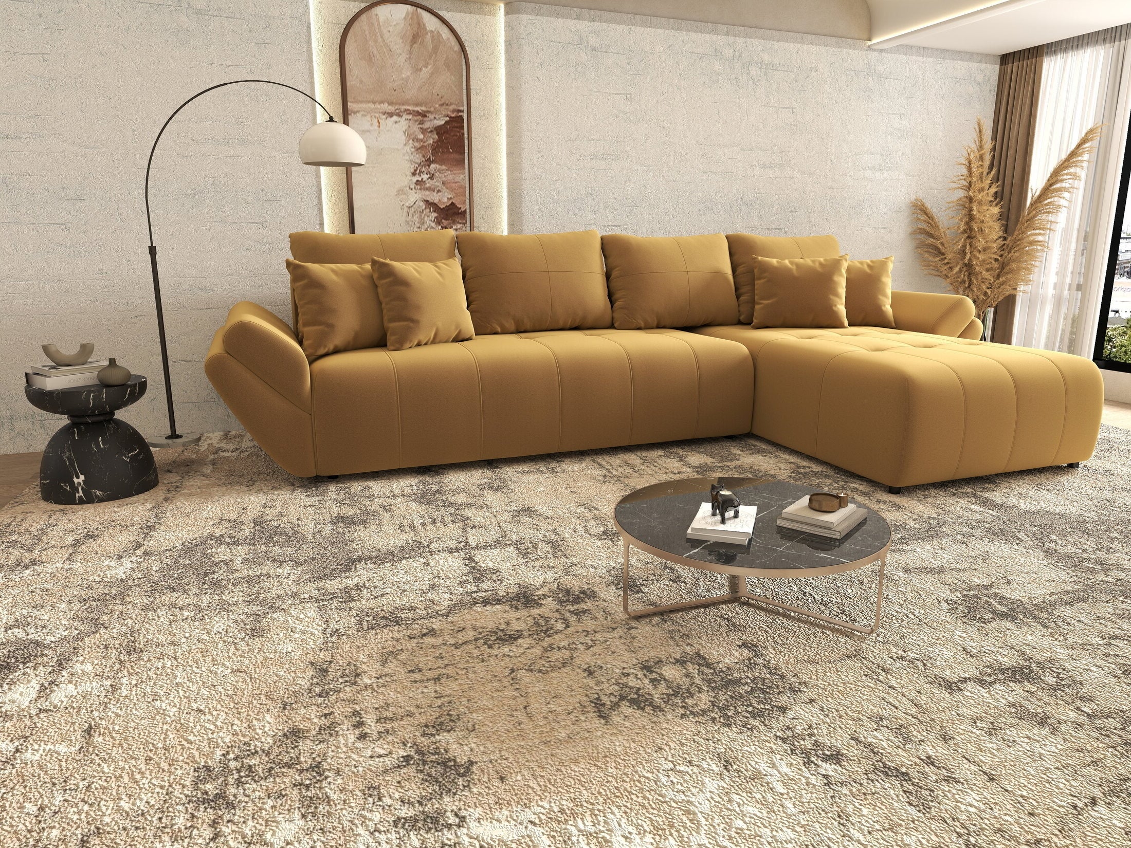 Colțar extensibil dumonde cu ladă de depozitare si sezut confortabil din spuma HR, Berlin XL Royal Mustar 350x185 cm II