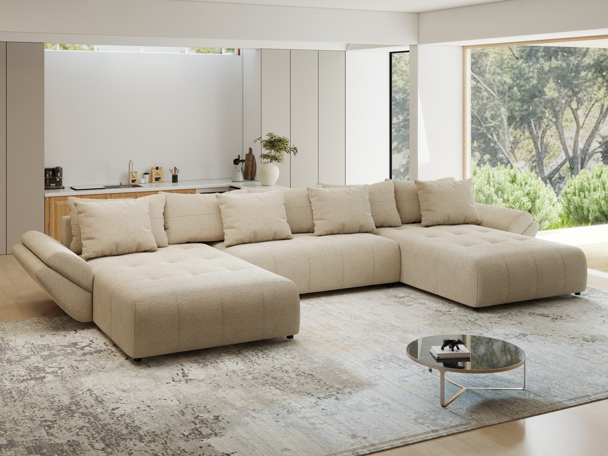 Colțar extensibil dumonde cu ladă de depozitare si sezut confortabil din spuma high-density, Berlin U Quelle Bej 05 380x180 cm