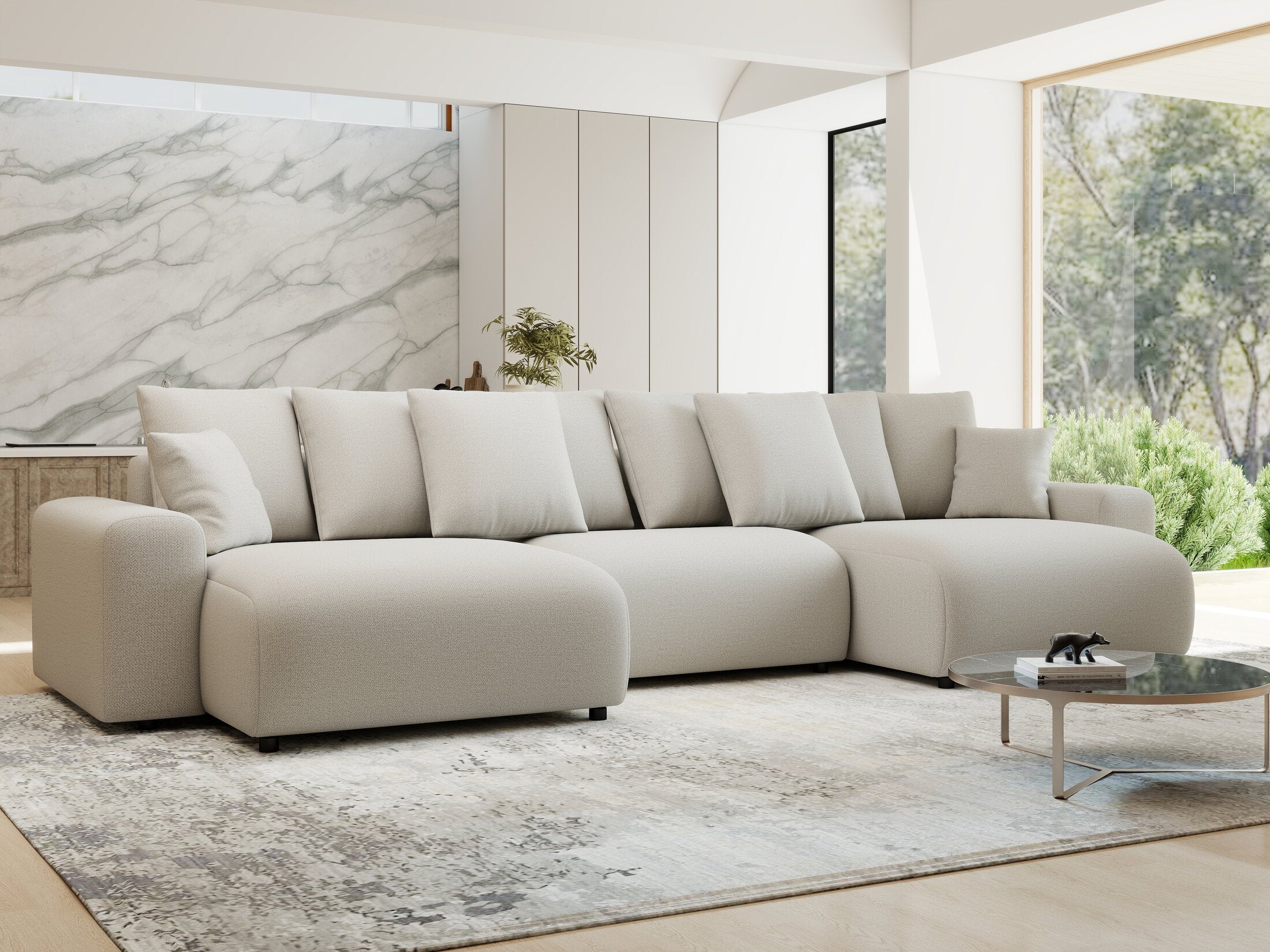 Colțar extensibil dumonde cu ladă de depozitare si sezut confortabil din spuma HR, Luma U Enjoy Bej 336x140 cm