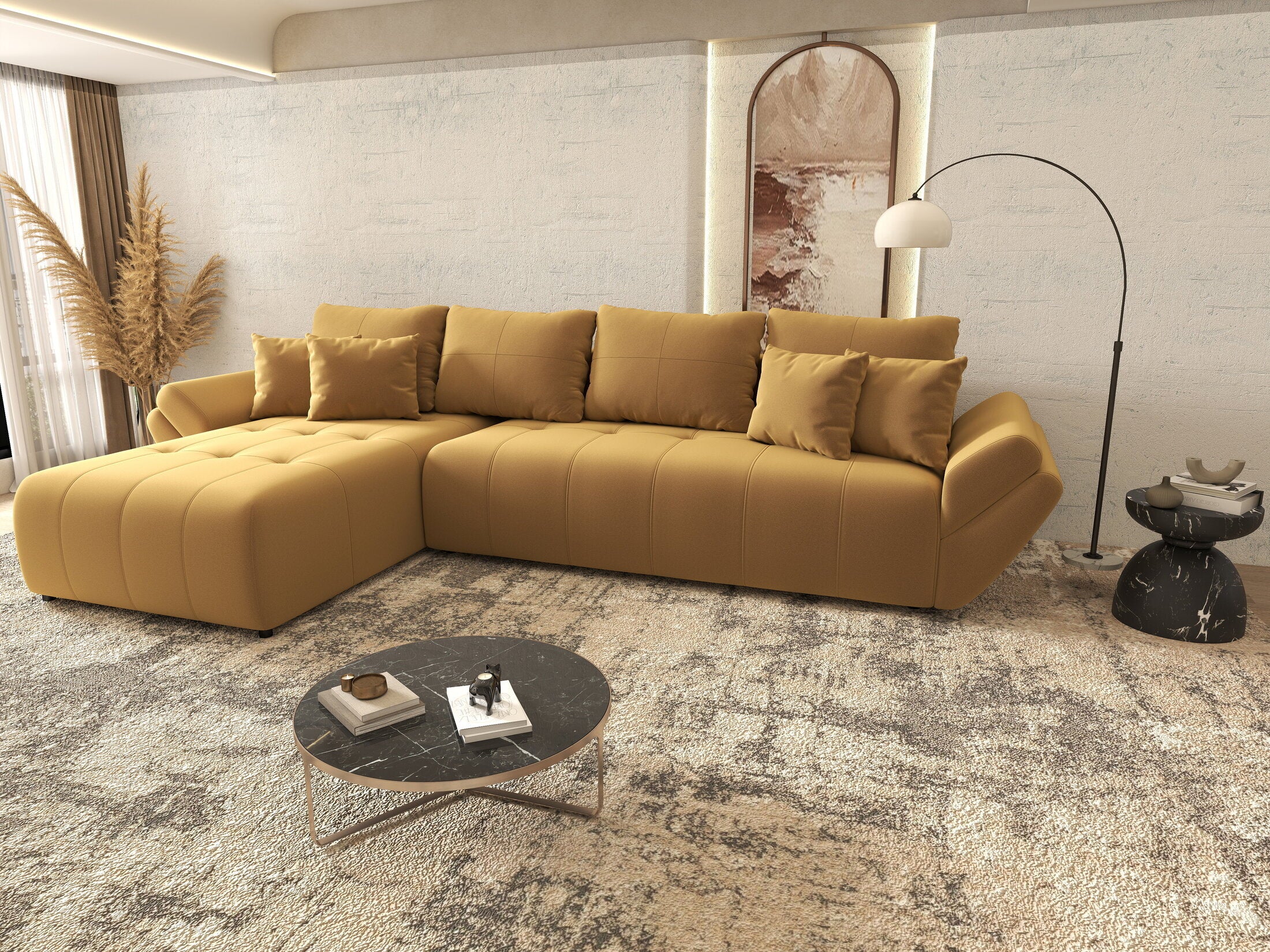 Colțar extensibil dumonde cu ladă de depozitare si sezut confortabil din spuma HR, Berlin XL Royal Mustar 350x185 cm