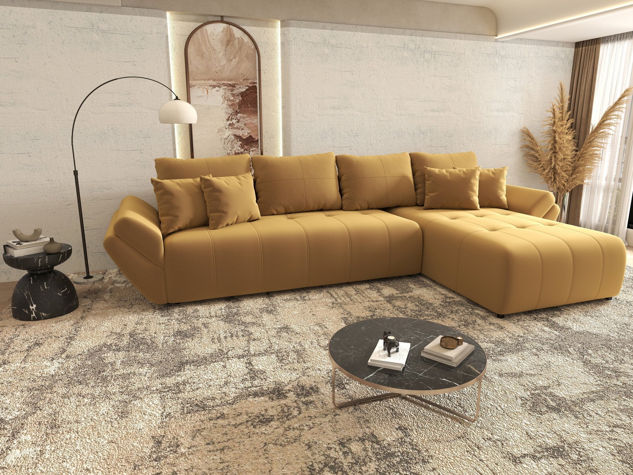 Colțar extensibil dumonde cu ladă de depozitare si sezut confortabil din spuma HR, Berlin XL Royal Mustar 350x185 cm II