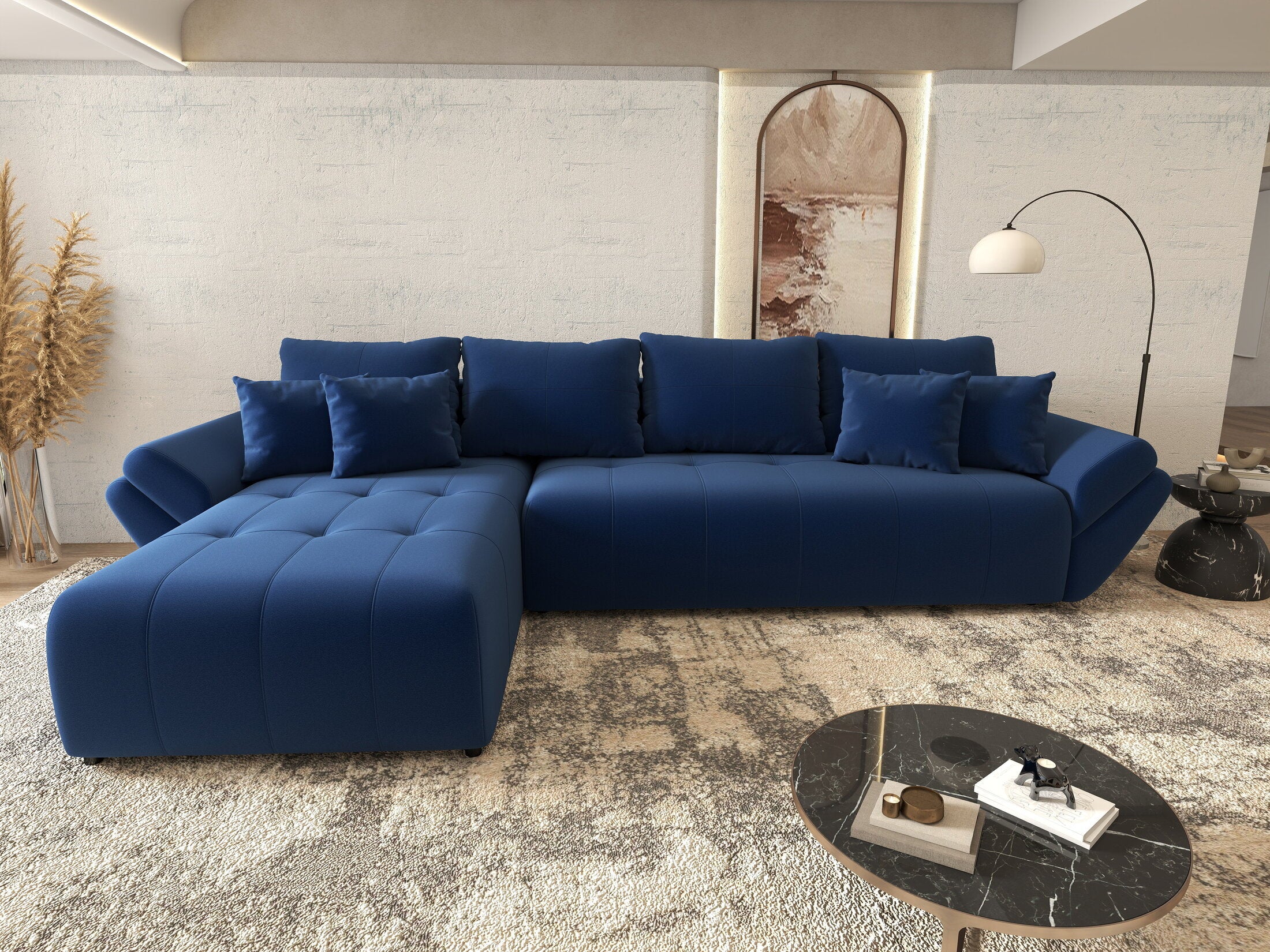 Colțar extensibil dumonde cu ladă de depozitare si sezut confortabil din spuma HR, Berlin XL Royal Albastru 350x185 cm