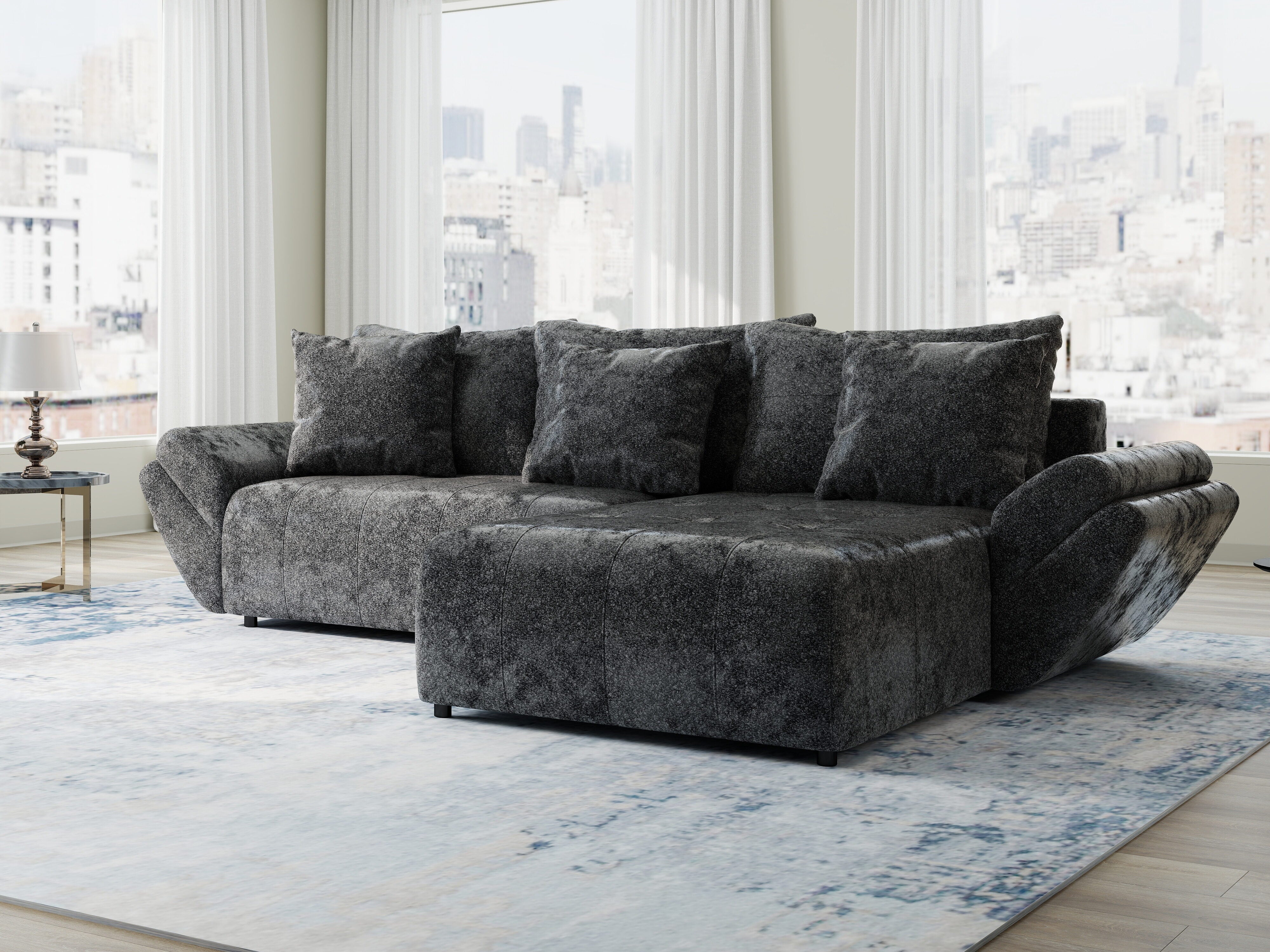 Colțar extensibil dumonde cu ladă de depozitare si sezut confortabil din spuma HR, Berlin Euphoria Negru 280x185 cm II