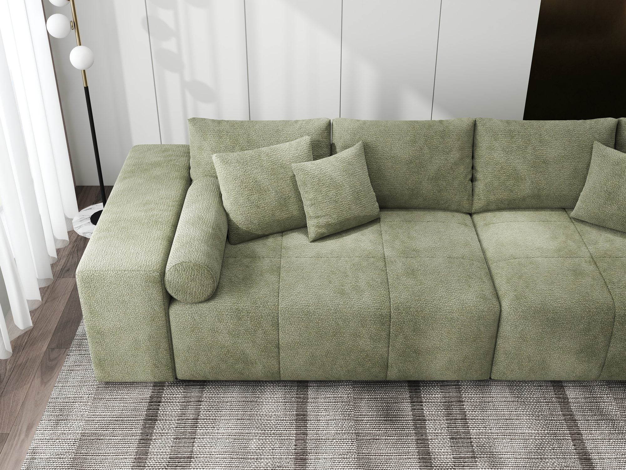 Canapea extensibilă dumonde cu ladă de depozitare si sezut confortabil din spuma high-density, Marbela XXL Vibe Olive 38 290x100 cm