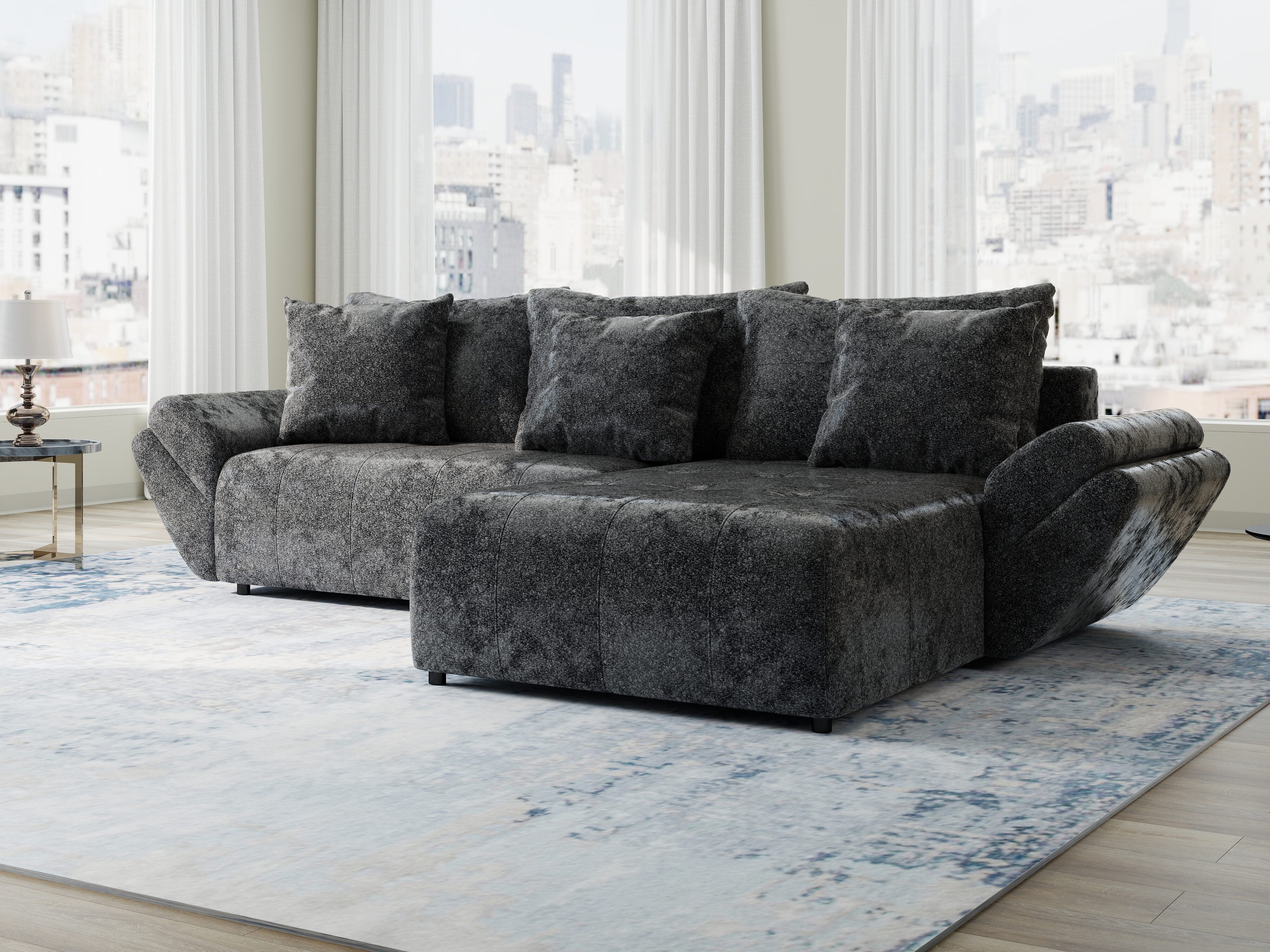 Colțar extensibil dumonde cu ladă de depozitare si sezut confortabil din spuma HR, Berlin Euphoria Negru 280x185 cm II