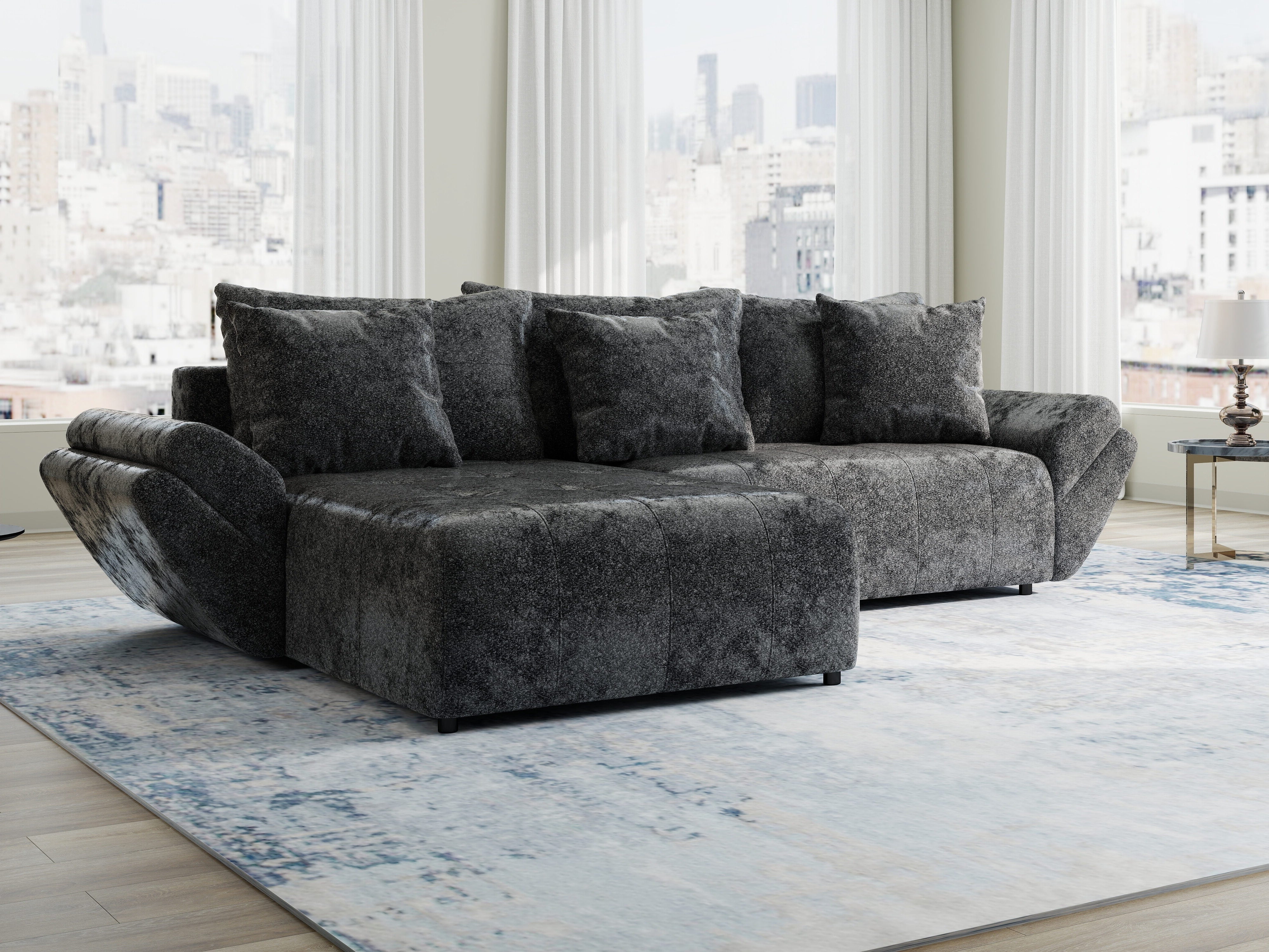 Colțar extensibil dumonde cu ladă de depozitare si sezut confortabil din spuma HR, Berlin Euphoria Negru 280x185 cm