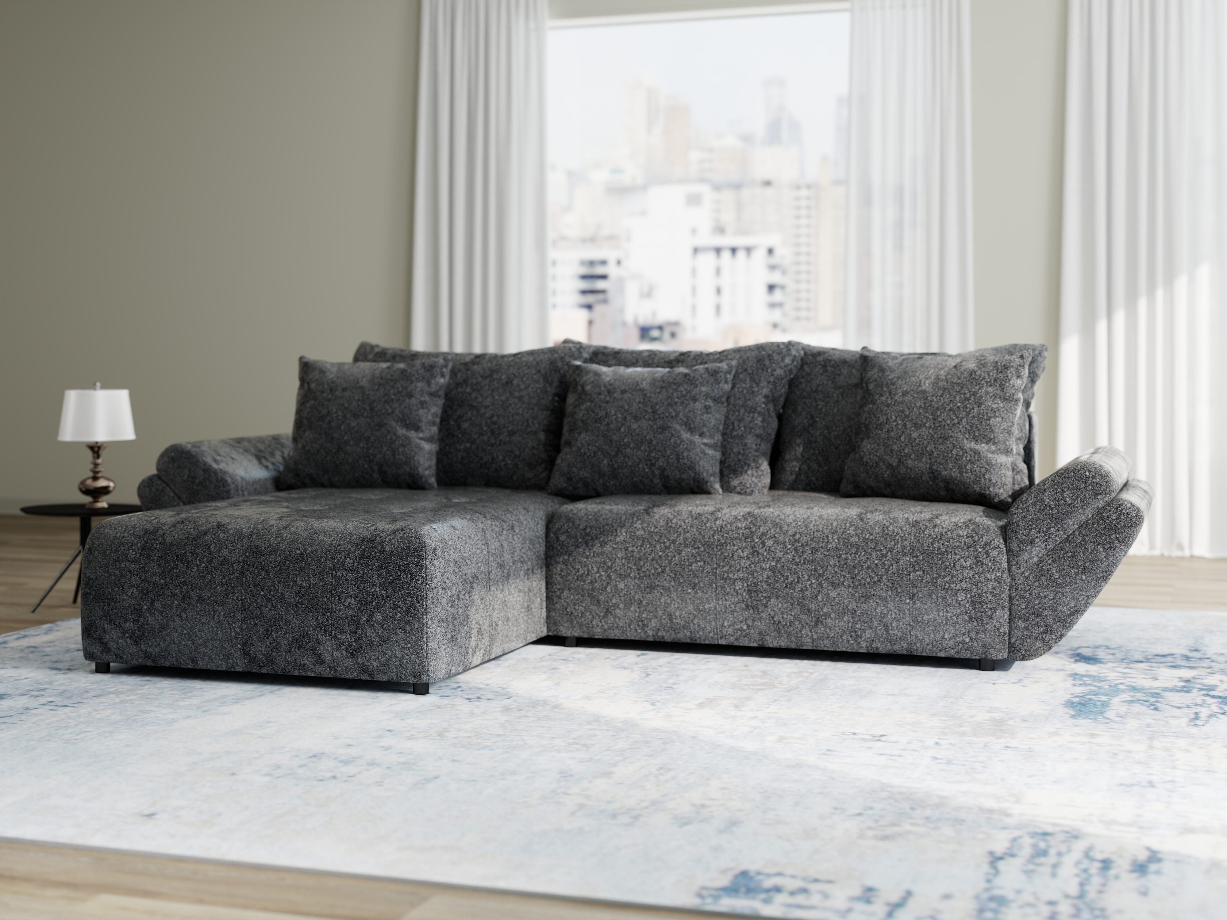 Colțar extensibil dumonde cu ladă de depozitare si sezut confortabil din spuma HR, Berlin Euphoria Negru 280x185 cm