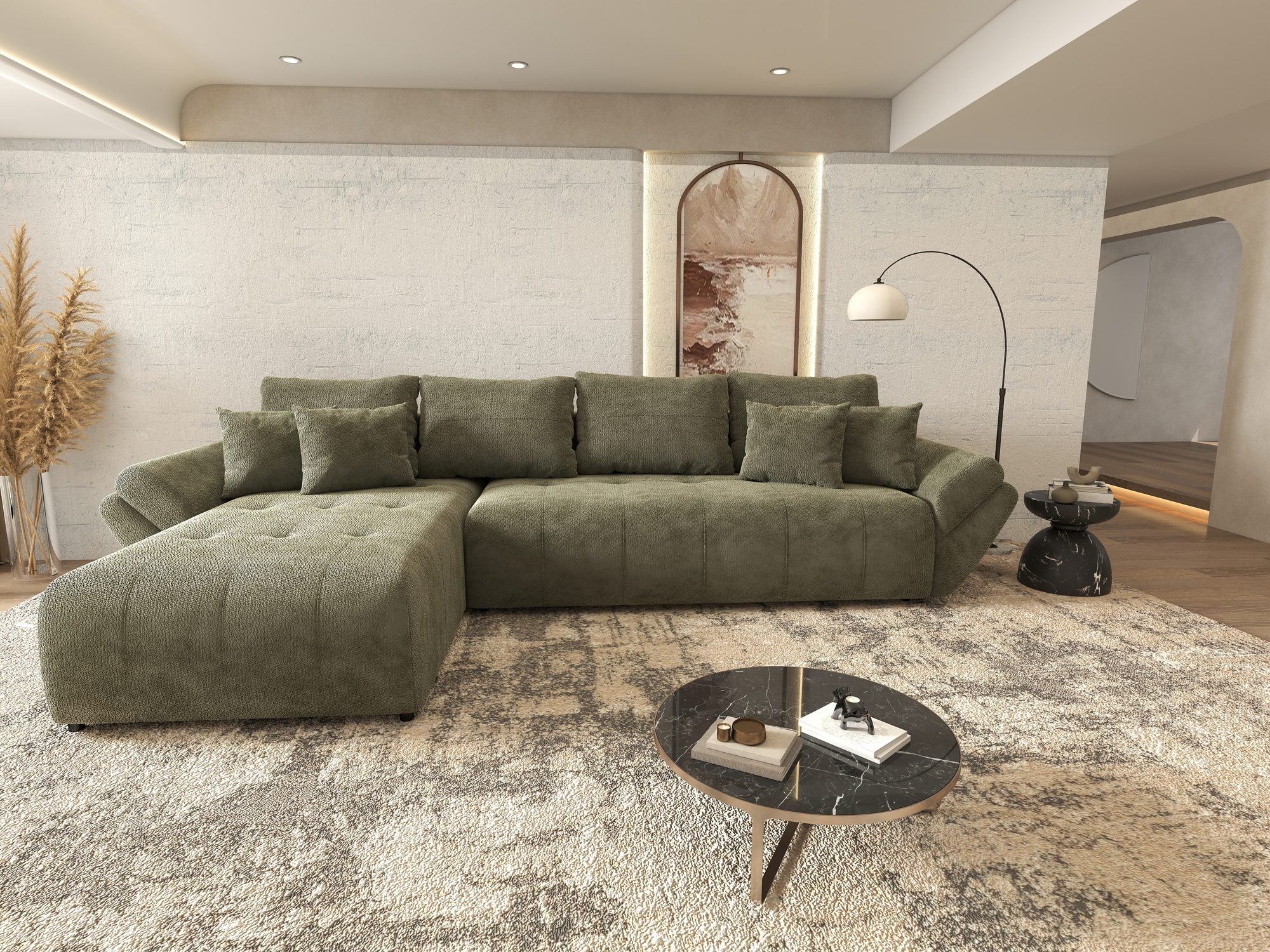 Colțar extensibil dumonde cu ladă de depozitare si sezut confortabil din spuma high-density, Berlin XL Vibe Olive 38 350x185 cm