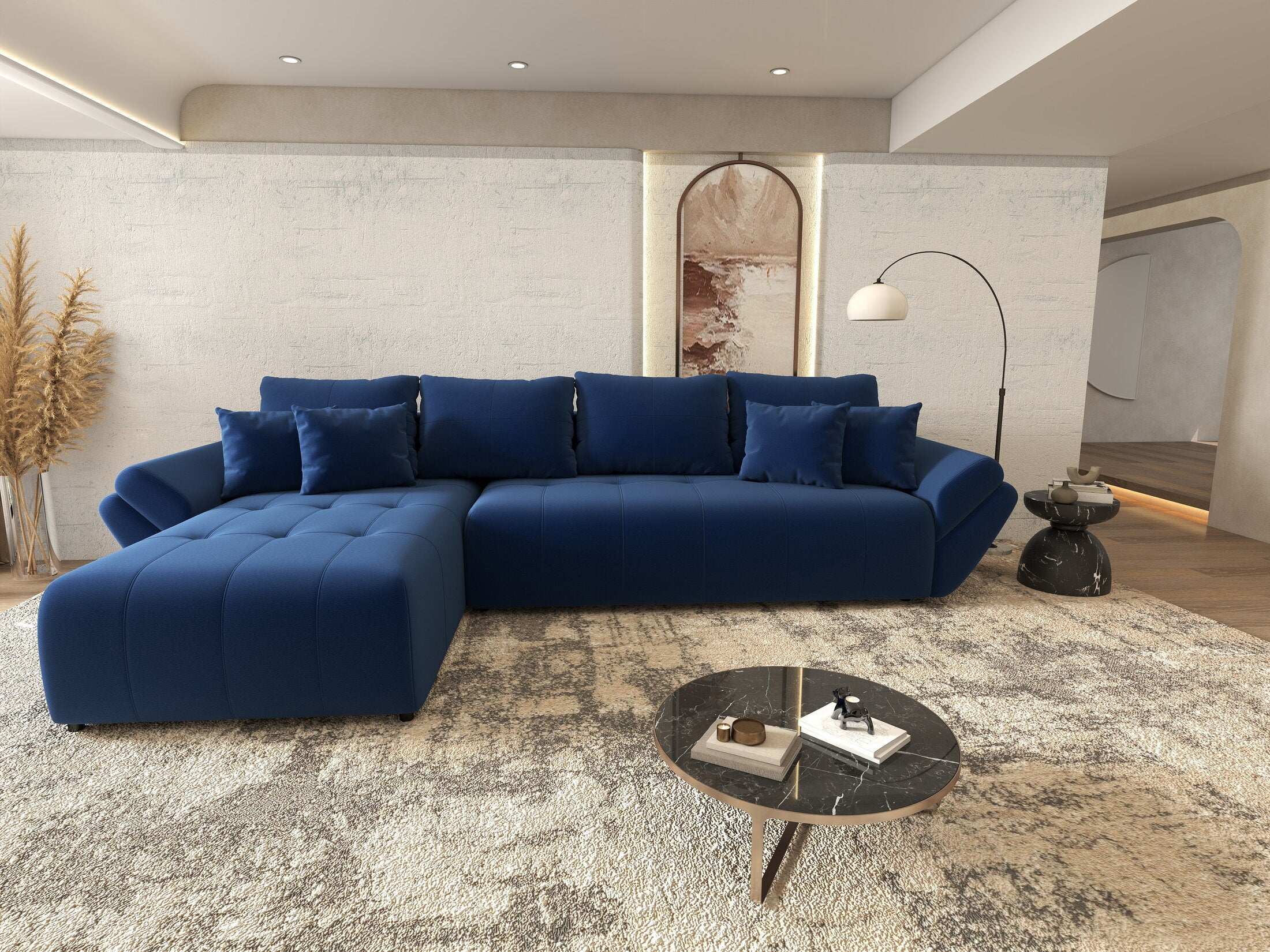 Colțar extensibil dumonde cu ladă de depozitare si sezut confortabil din spuma HR, Berlin XL Royal Albastru 350x185 cm