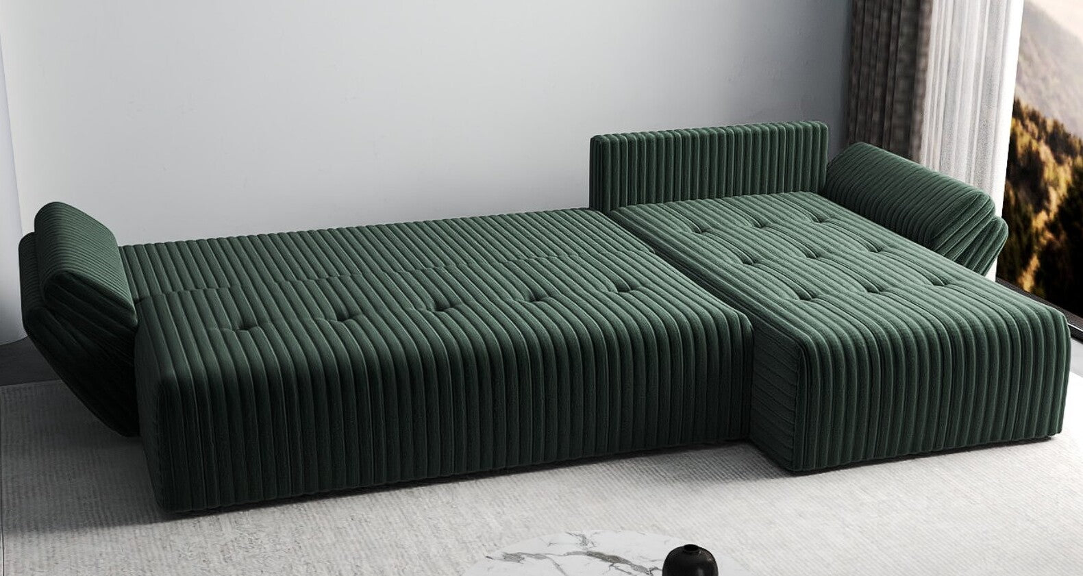 Colțar extensibil dumonde cu ladă de depozitare si sezut confortabil din spuma HR, Berlin XL Ambience Green II 350x185 cm Fabrica