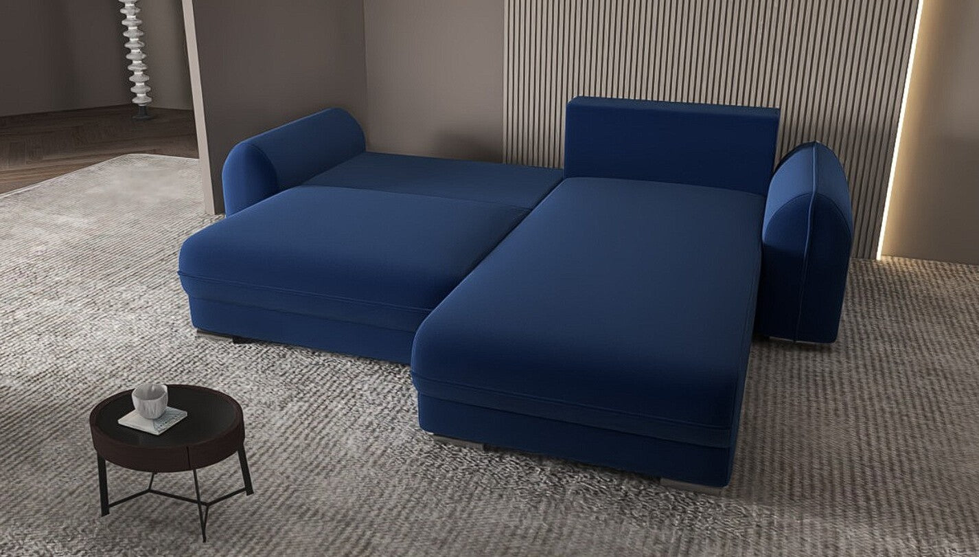 Colțar extensibil dumonde cu ladă de depozitare si sezut confortabil din spuma HR, Denver Royal Albastru 275x185 cm II Fabrica