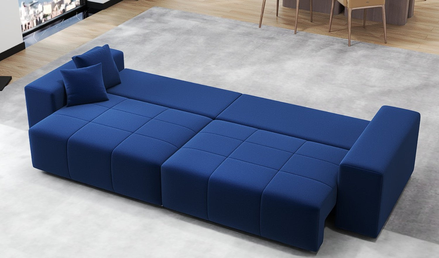 Canapea extensibilă dumonde cu ladă de depozitare si sezut confortabil din spuma HR, Marbela Royal Blue XXL 295x100 cm fabrica