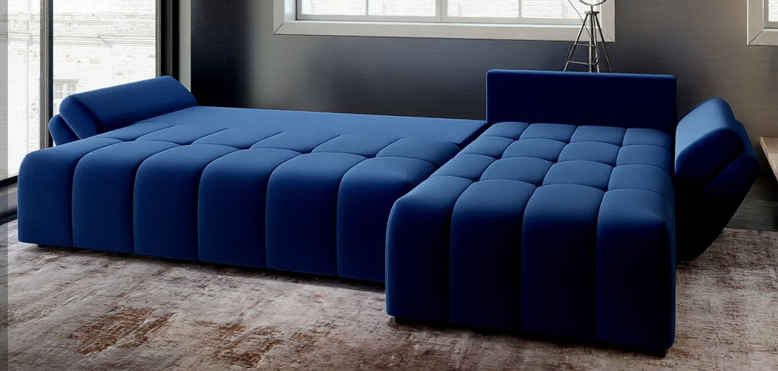 Colțar extensibil dumonde cu ladă de depozitare si sezut confortabil din spuma HR, Berlin XL Royal Albastru 350x185 cm II Fabrica