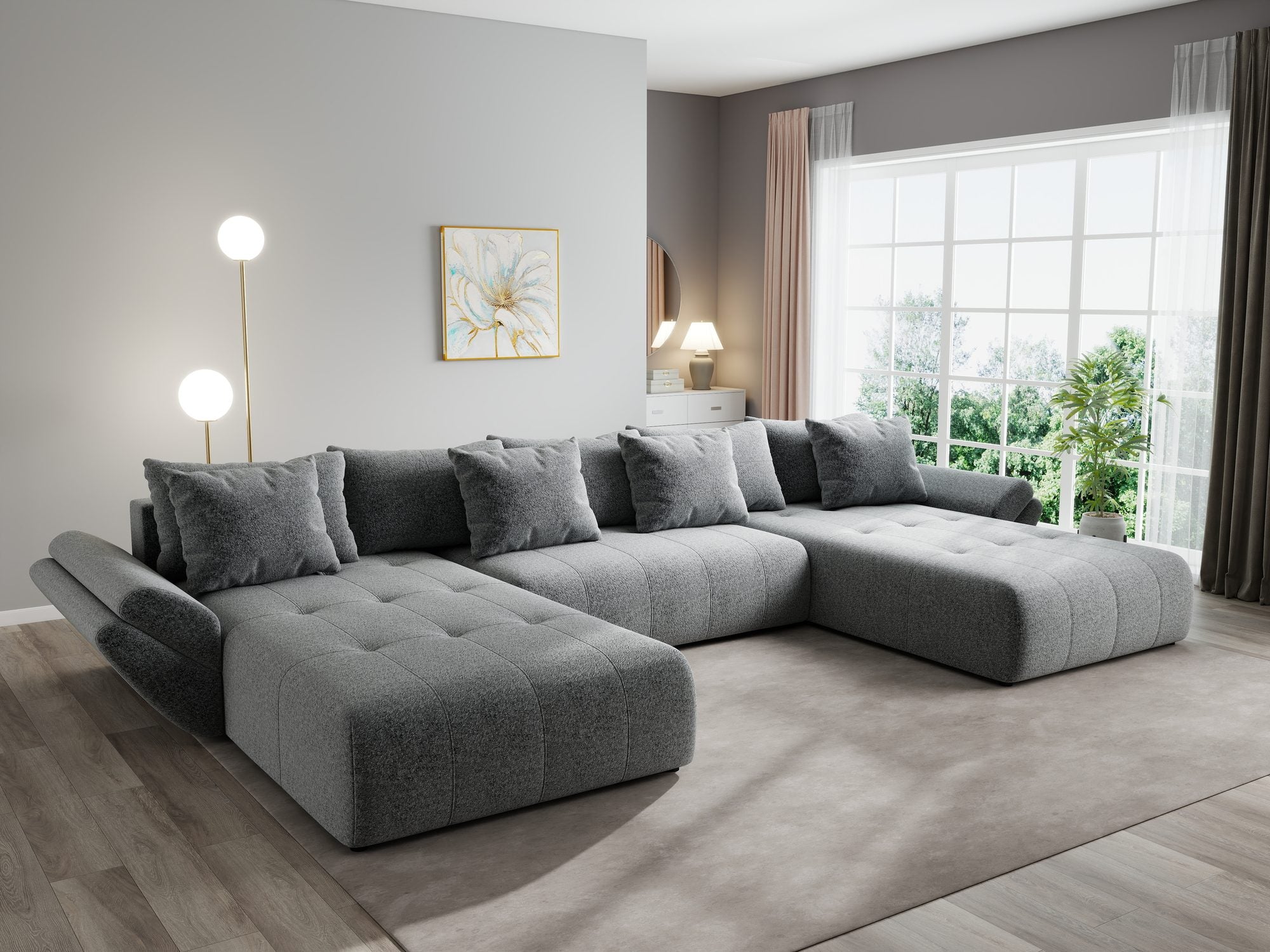 Colțar extensibil dumonde cu ladă de depozitare si sezut confortabil din spuma high-density, Berlin U Monte Gri 90 380x180 cm