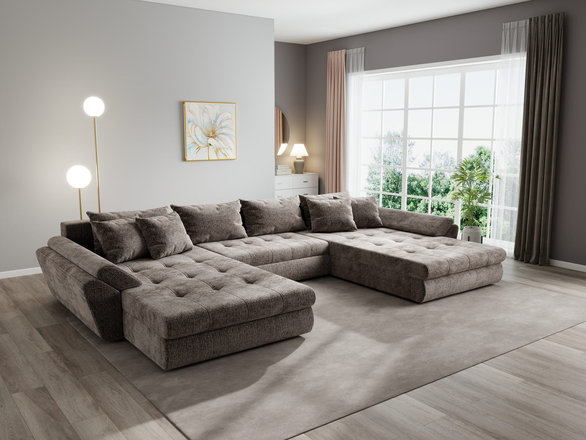 Colțar extensibil dumonde cu ladă de depozitare si sezut confortabil din spuma high-density, Loana U Cremona Maro-bej 24 355x185 cm