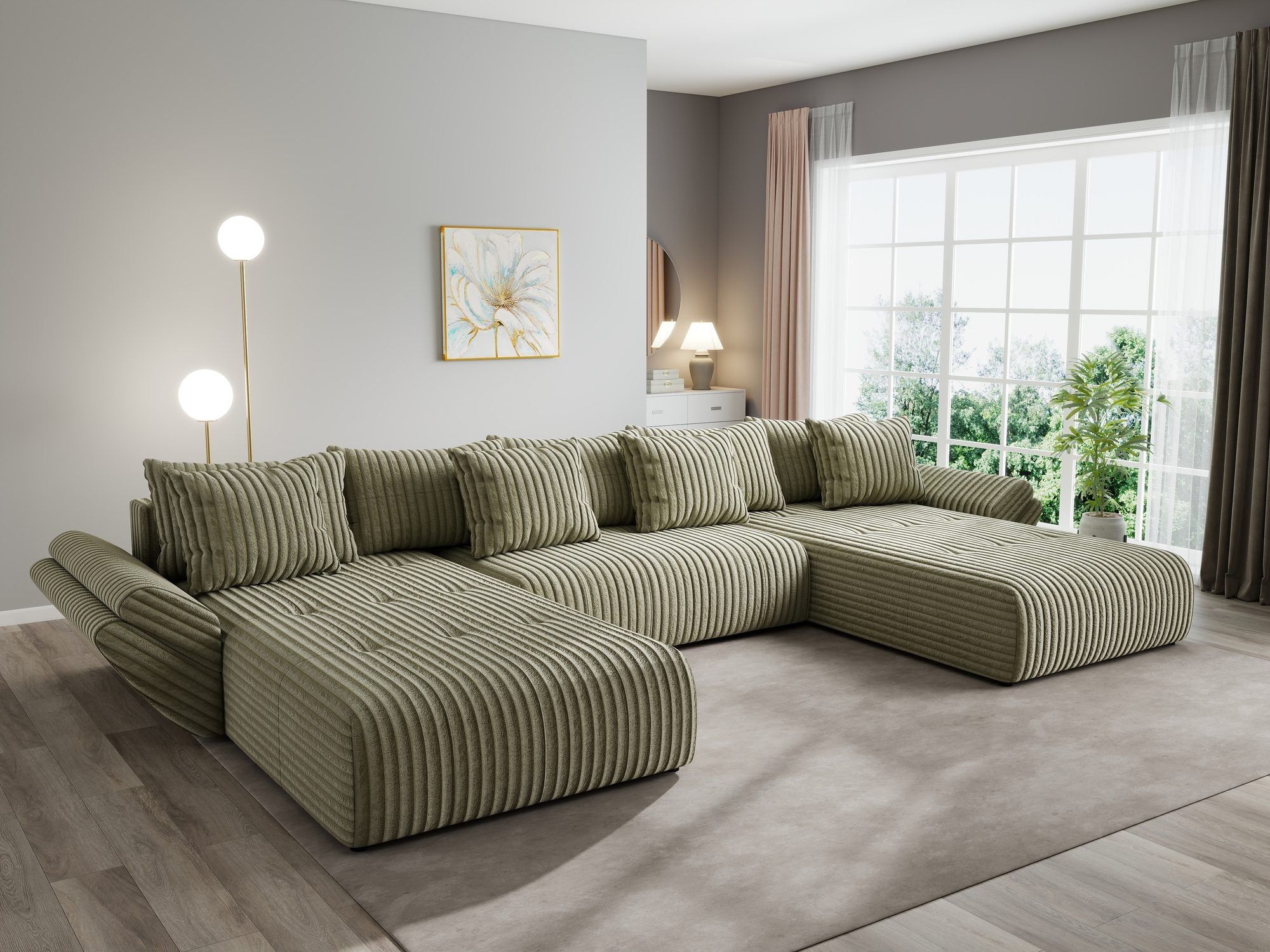 Colțar extensibil dumonde cu ladă de depozitare si sezut confortabil din spuma high-density, Berlin U Tilia Verde Olive 37 380x180 cm