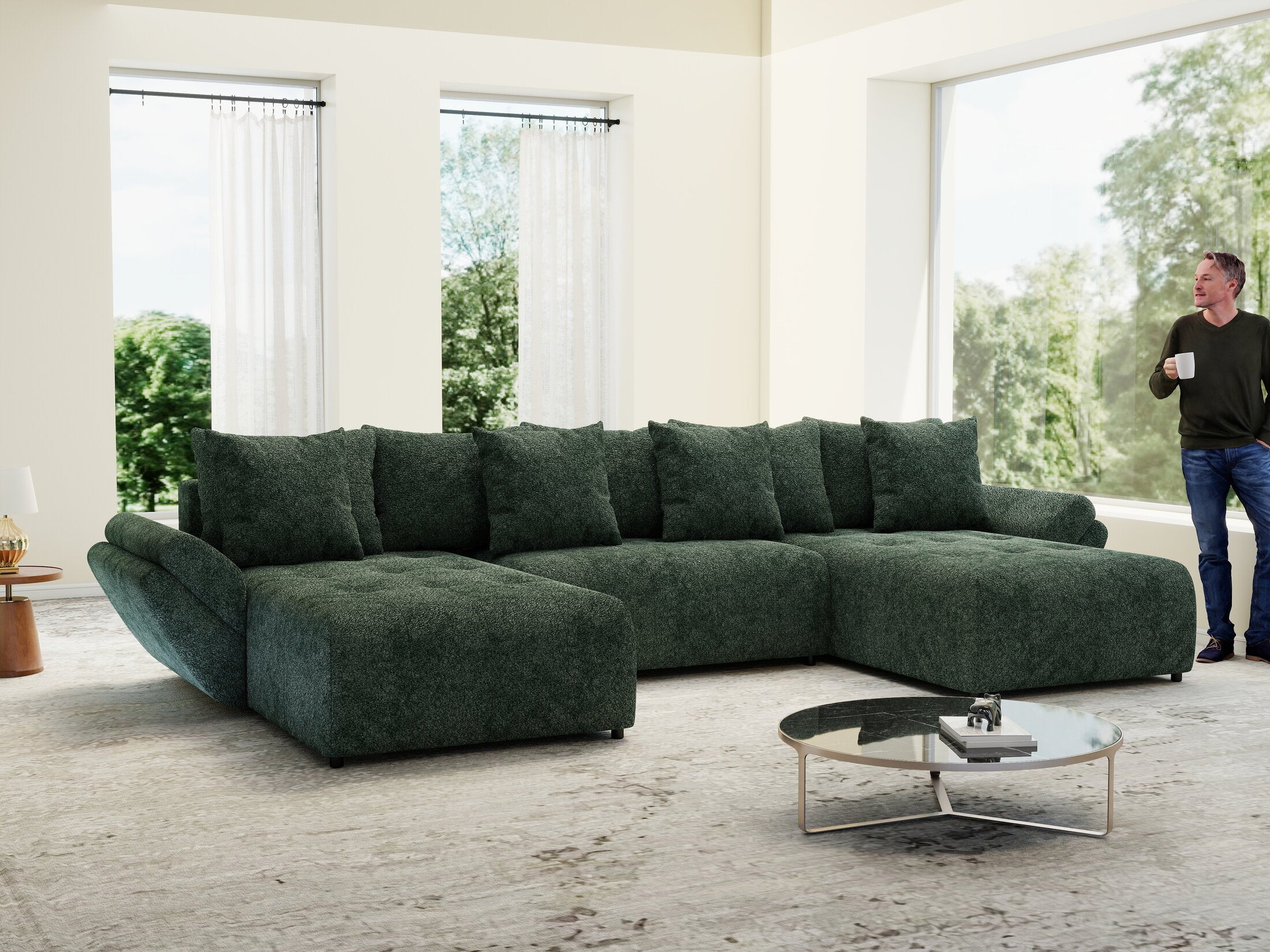 Colțar extensibil dumonde cu ladă de depozitare si sezut confortabil din spuma HR, Berlin U Euphoria Verde 380x180 cm