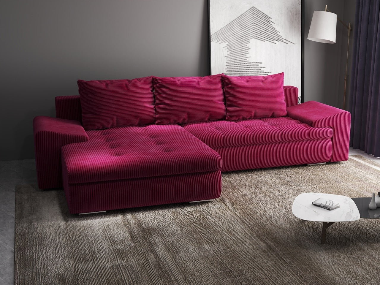 Colțar extensibil dumonde cu ladă de depozitare si sezut confortabil din spuma HR, Leonardo Zoom Rosu 260x185 cm Fabrica