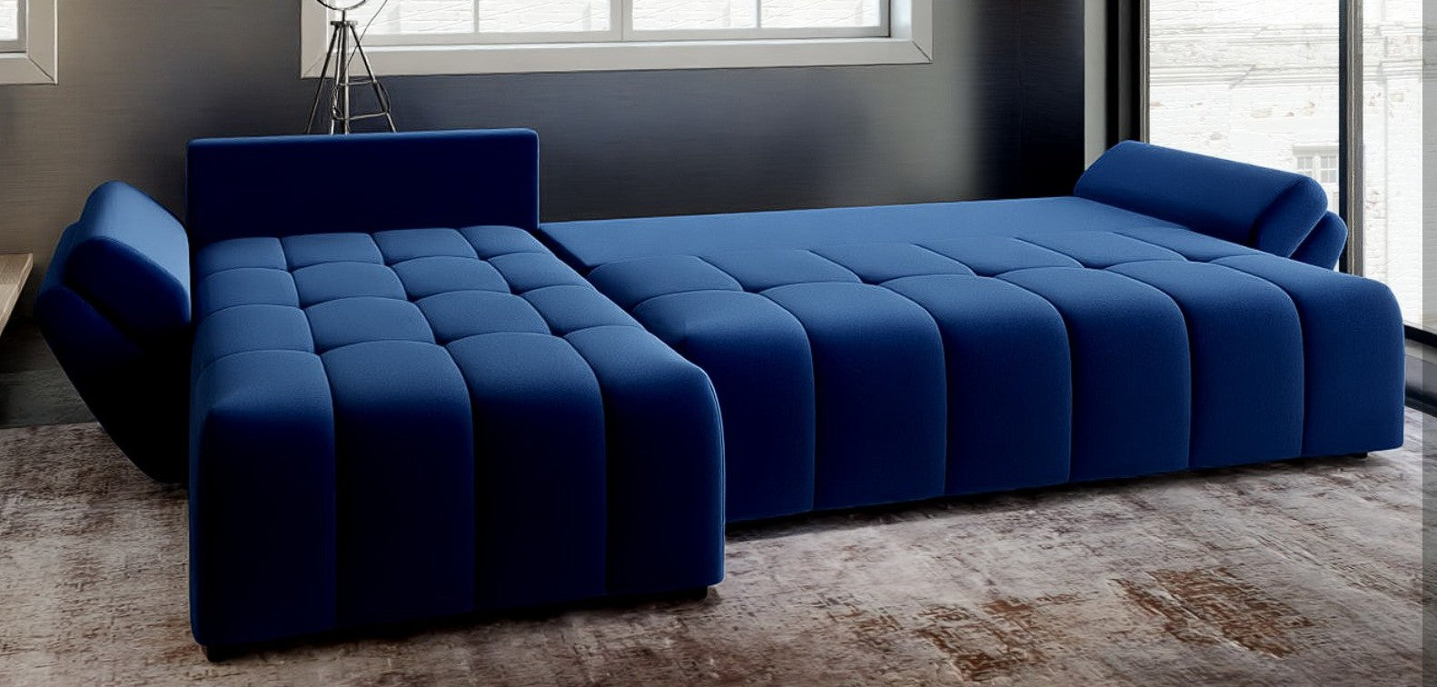 Colțar extensibil dumonde cu ladă de depozitare si sezut confortabil din spuma HR, Berlin XL Royal Albastru 350x185 cm Fabrica