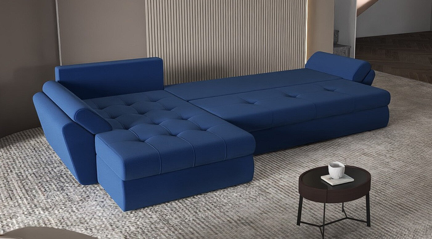 Colțar extensibil dumonde cu ladă de depozitare si sezut confortabil din spuma HR, Loana XL Royal Albastru II 335x185 cm Fabrica