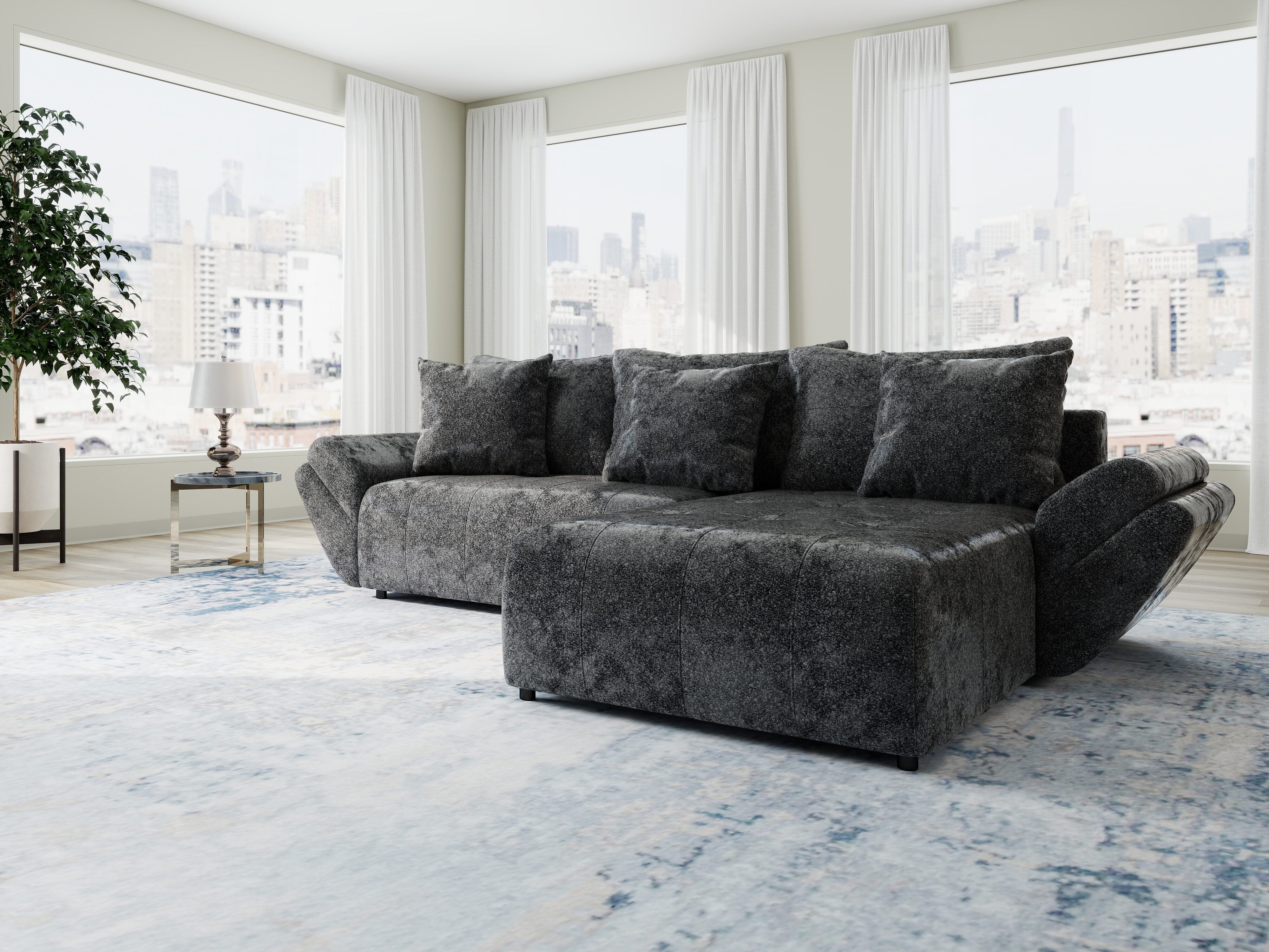 Colțar extensibil dumonde cu ladă de depozitare si sezut confortabil din spuma HR, Berlin Euphoria Negru 280x185 cm II