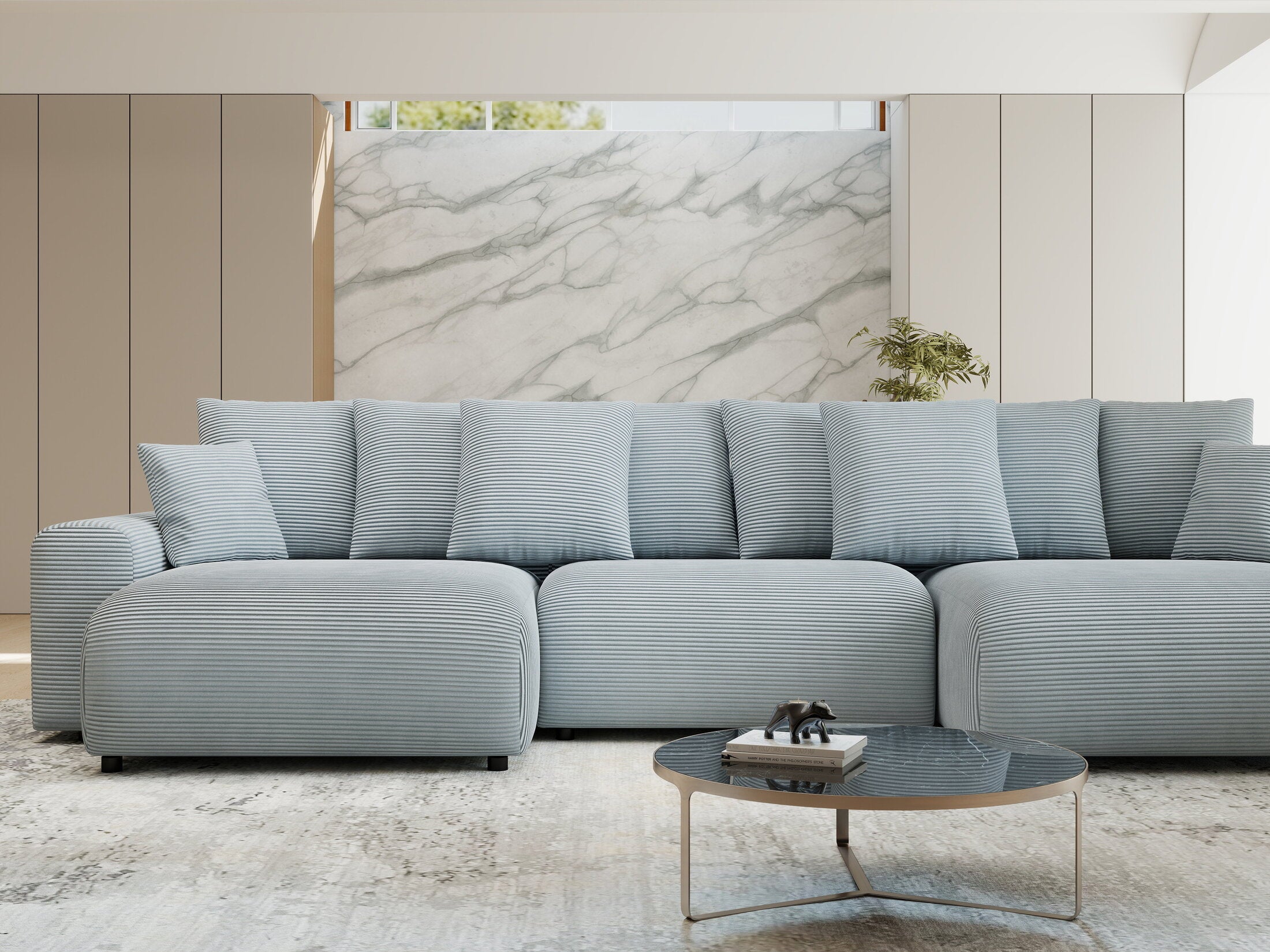 Colțar extensibil dumonde cu ladă de depozitare si sezut confortabil din spuma HR, Luma U Zoom Gri Mint 336x140 cm