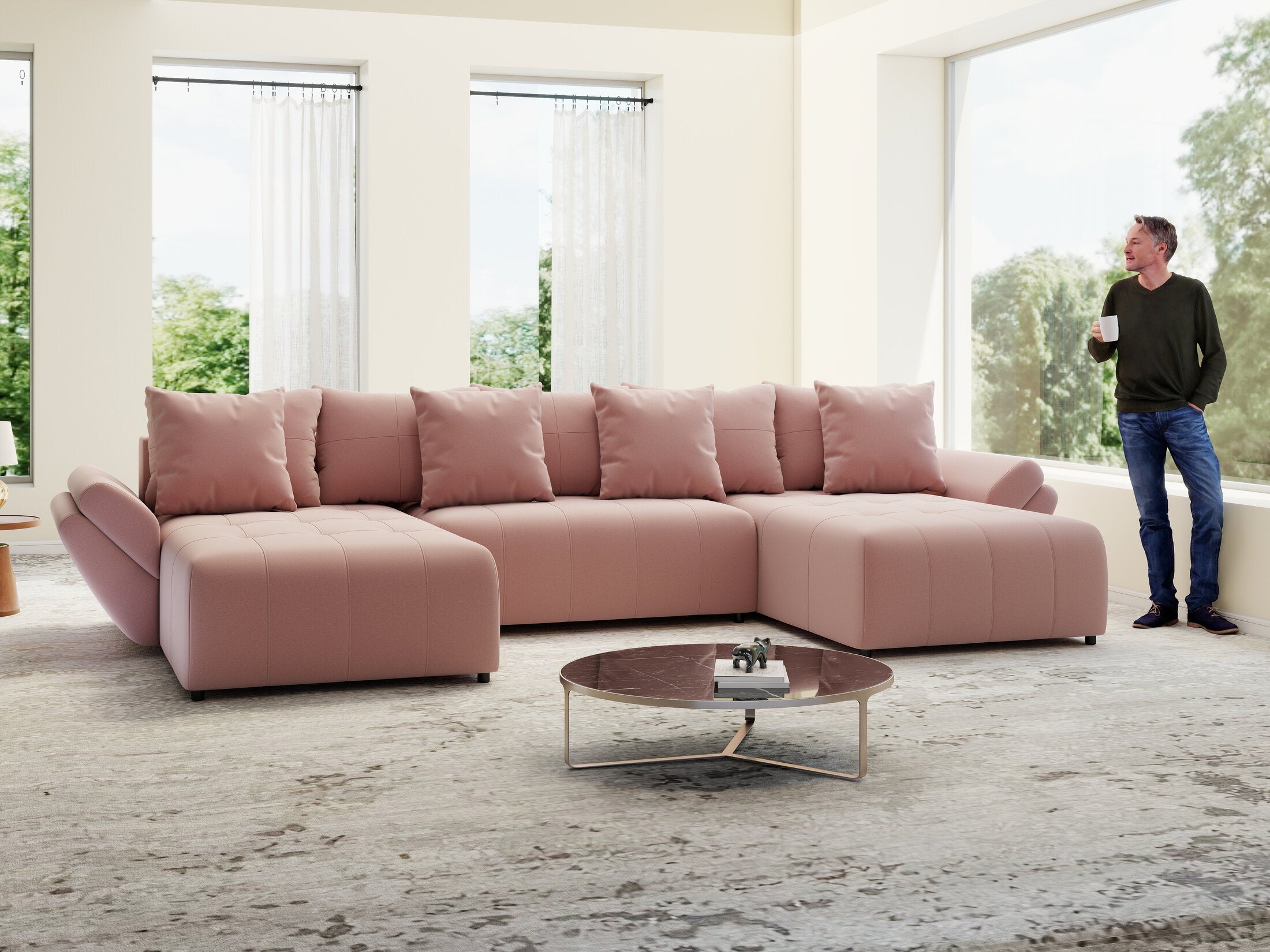 Colțar extensibil dumonde cu ladă de depozitare si sezut confortabil din spuma HR, Berlin U Royal Roz 380x180 cm