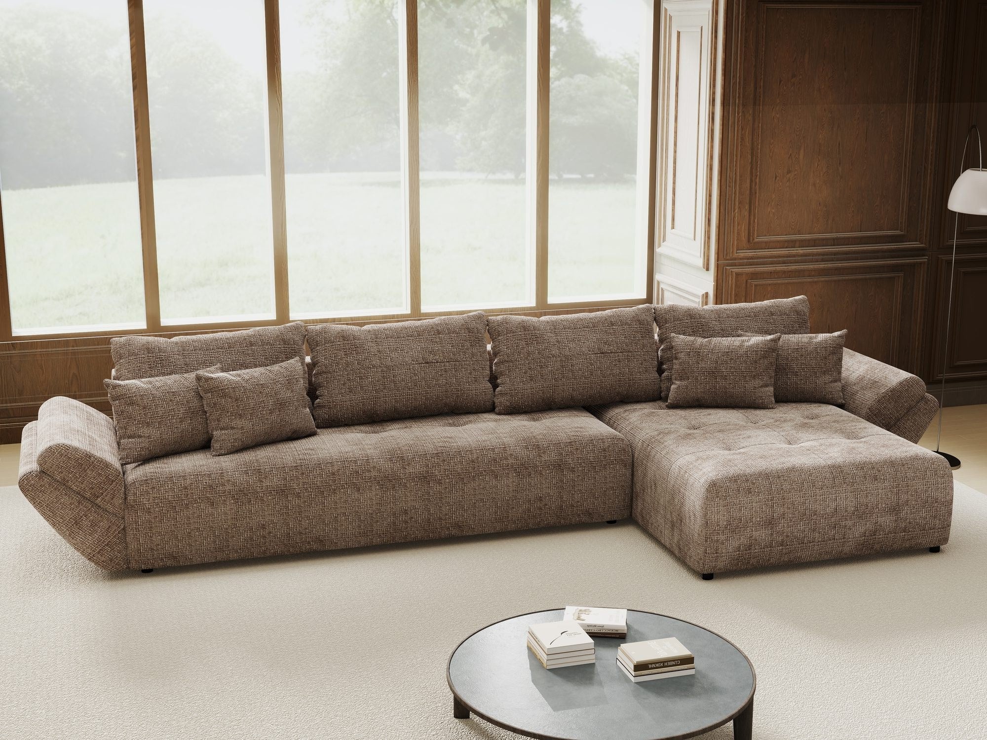 Colțar extensibil dumonde cu ladă de depozitare si sezut confortabil din spuma high-density, Berlin XL Cremona Maro-bej 24 II 350x185 cm