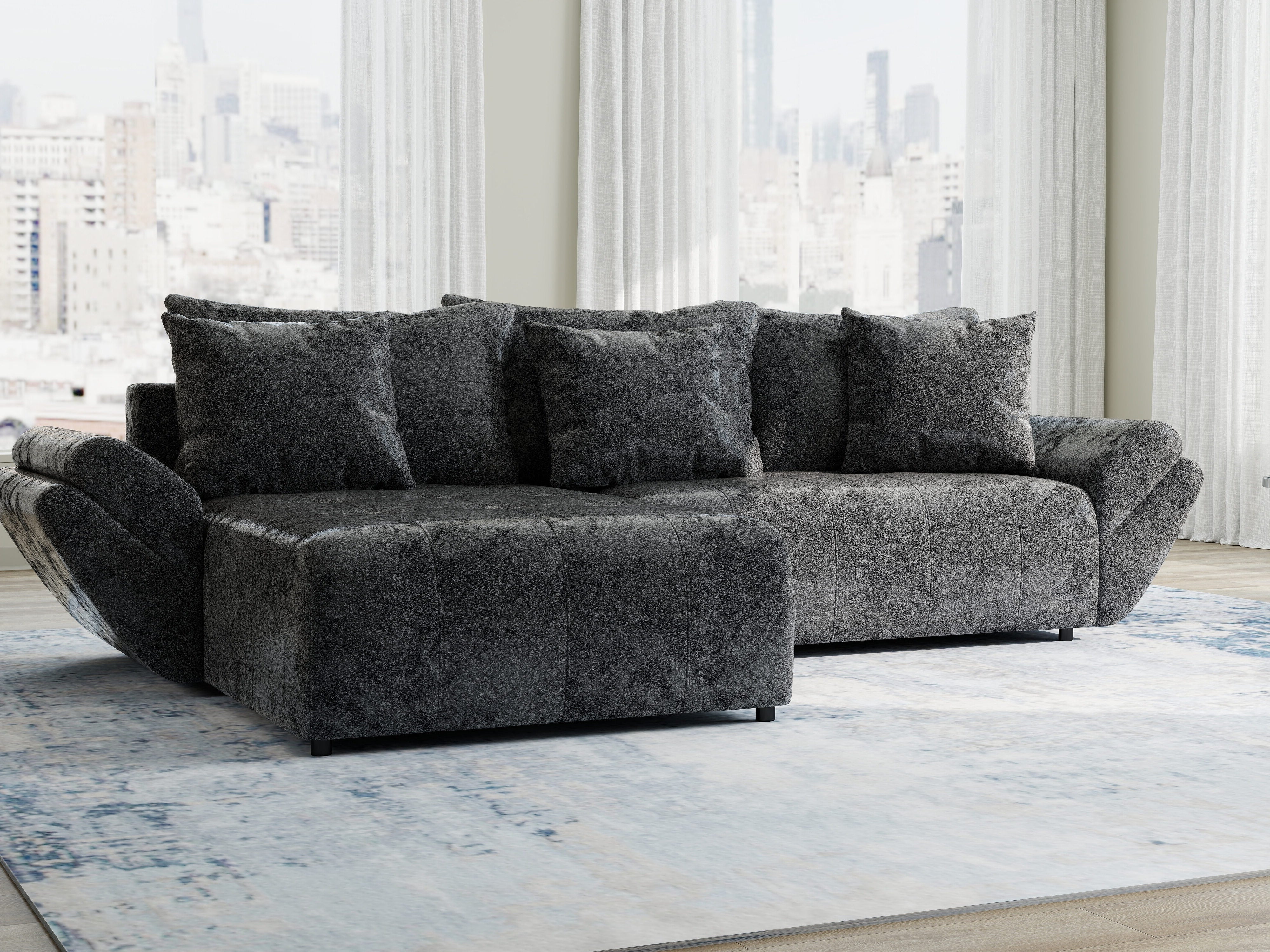 Colțar extensibil dumonde cu ladă de depozitare si sezut confortabil din spuma HR, Berlin Euphoria Negru 280x185 cm