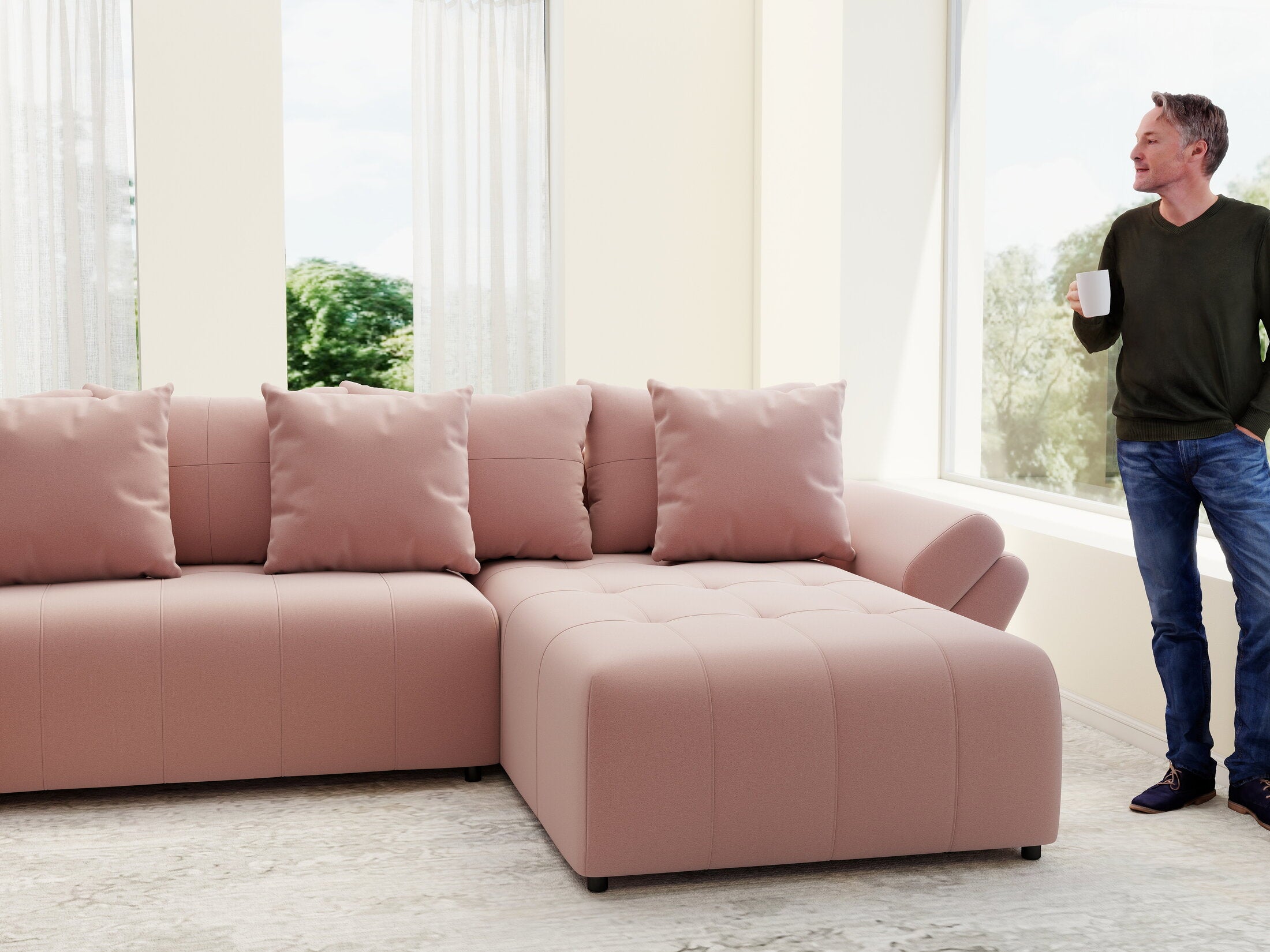 Colțar extensibil dumonde cu ladă de depozitare si sezut confortabil din spuma HR, Berlin U Royal Roz 380x180 cm