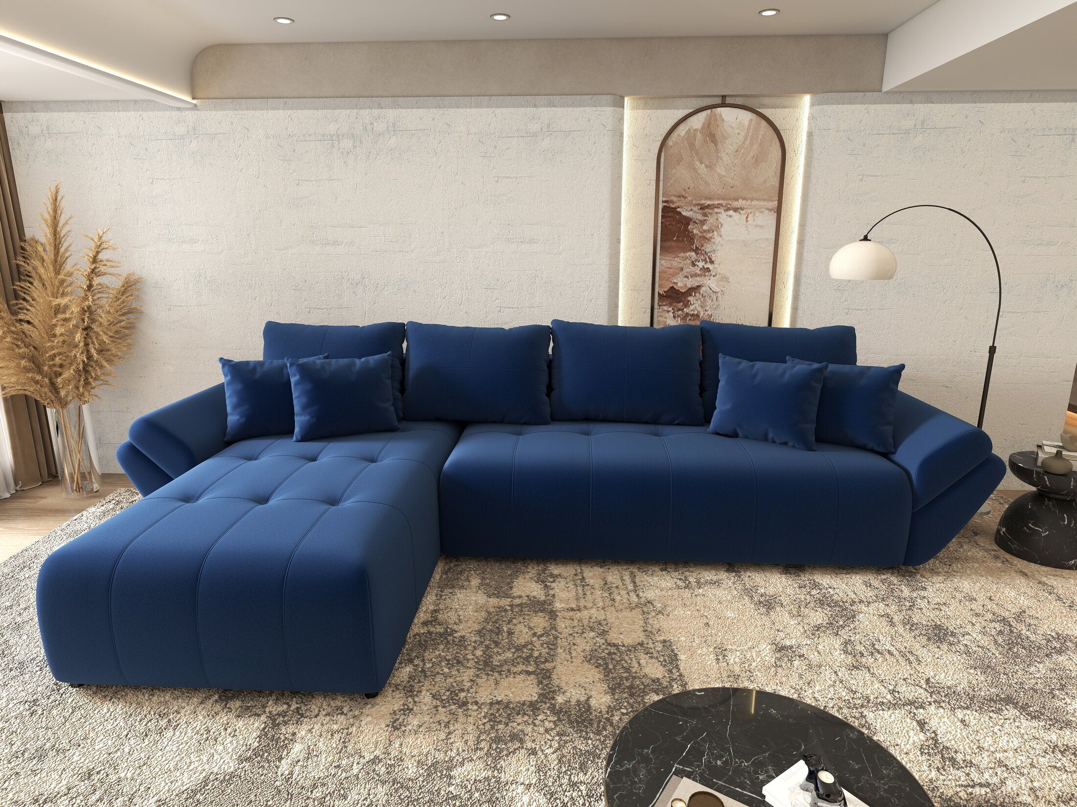 Colțar extensibil dumonde cu ladă de depozitare si sezut confortabil din spuma HR, Berlin XL Royal Albastru 350x185 cm