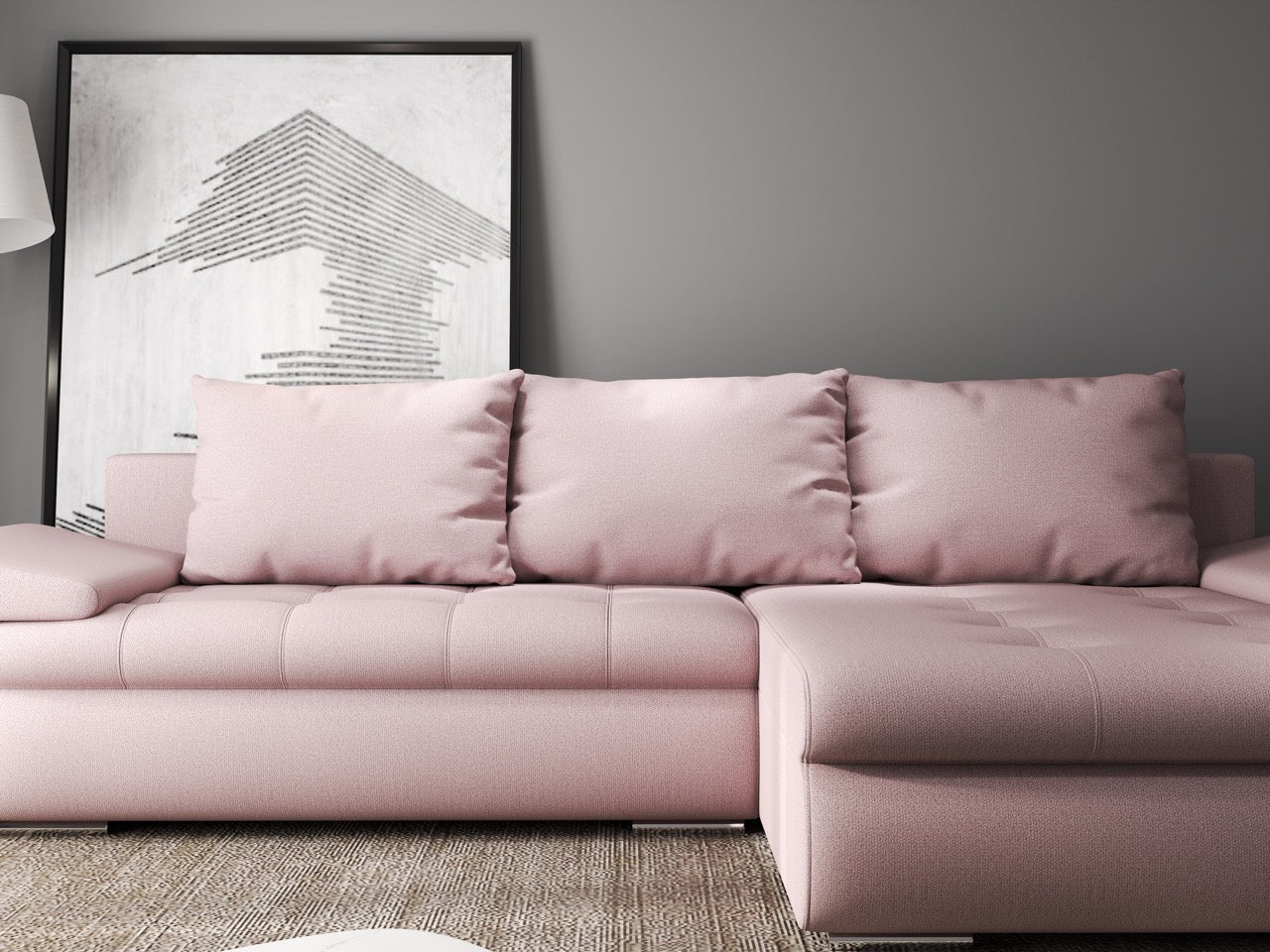 Colțar extensibil dumonde cu ladă de depozitare si sezut confortabil din spuma HR, Leonardo Enjoy Roz 260x185 cm II Fabrica