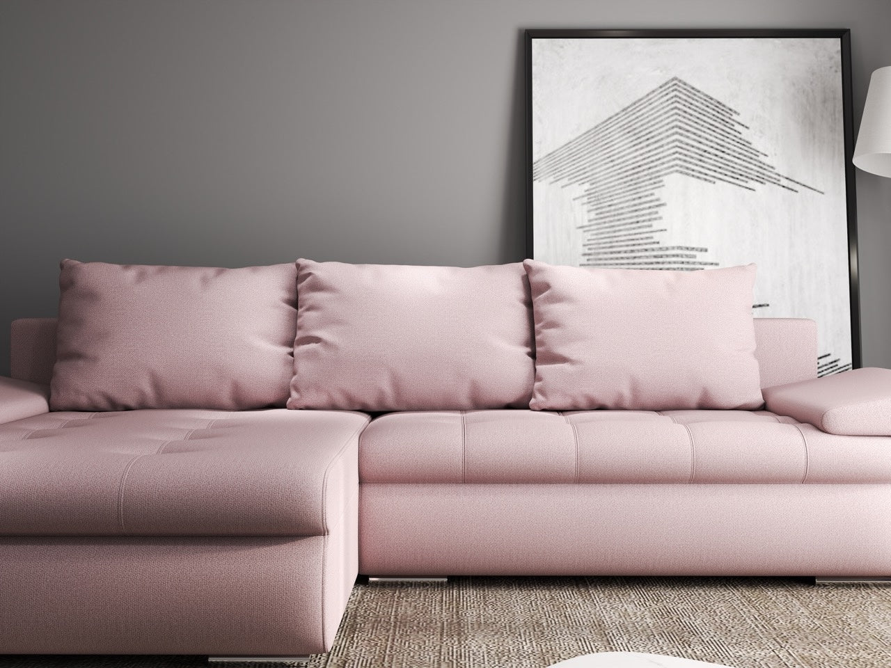Colțar extensibil dumonde cu ladă de depozitare si sezut confortabil din spuma HR, Leonardo Enjoy Roz 255x193 cm Fabrica
