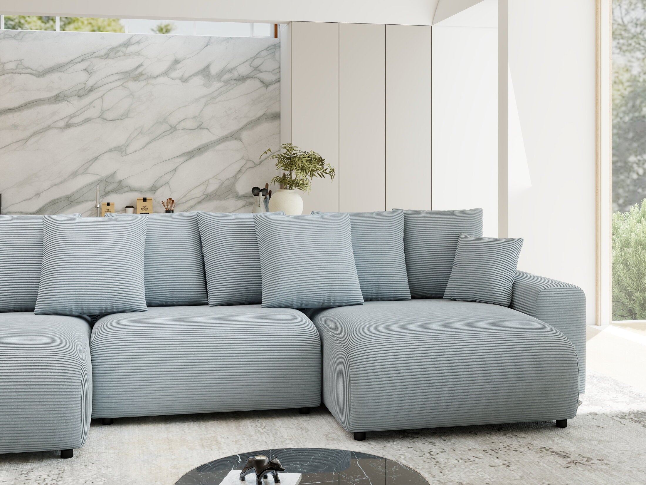 Colțar extensibil dumonde cu ladă de depozitare si sezut confortabil din spuma HR, Luma U Zoom Gri Mint 336x140 cm