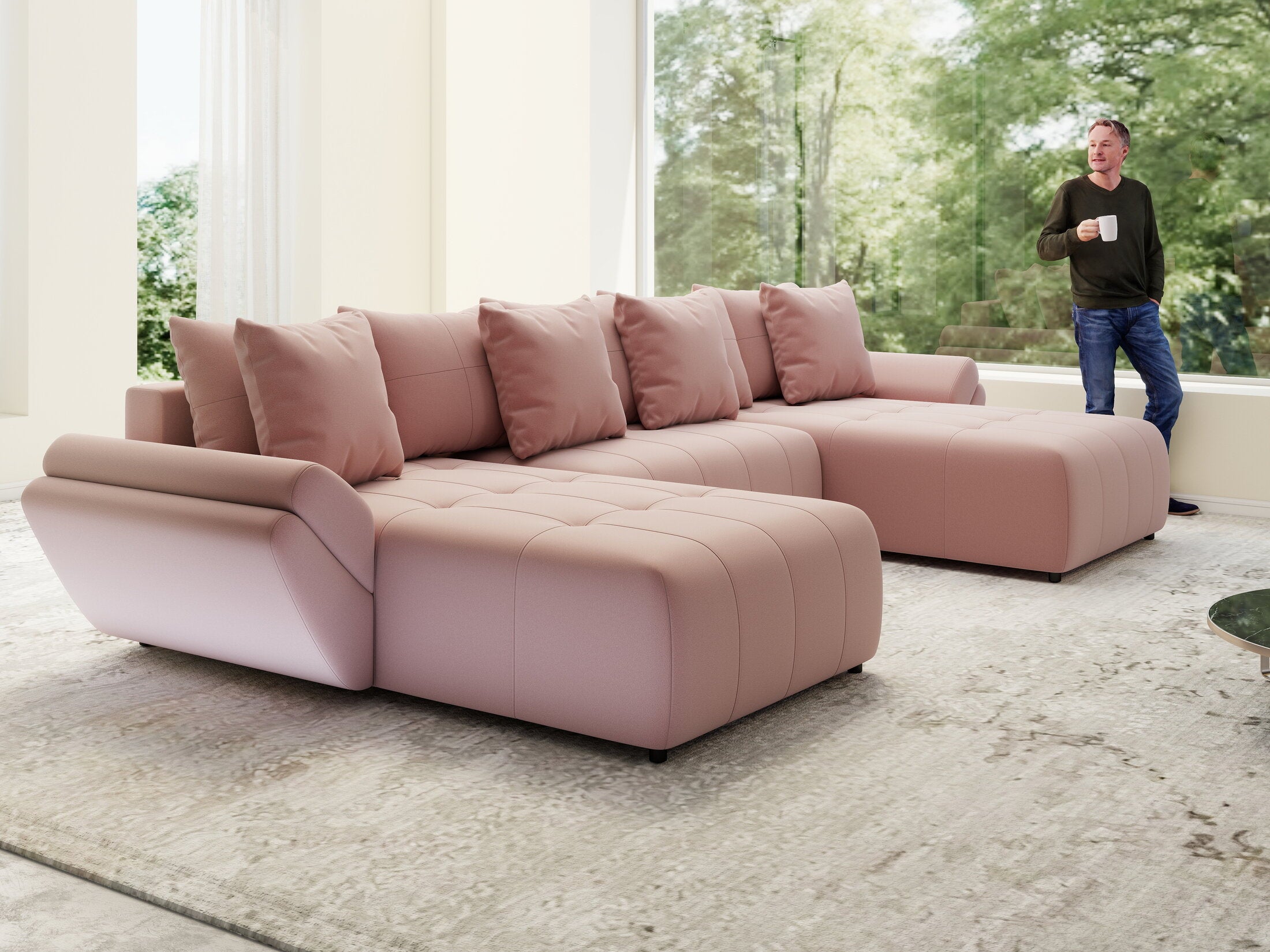 Colțar extensibil dumonde cu ladă de depozitare si sezut confortabil din spuma HR, Berlin U Royal Roz 380x180 cm