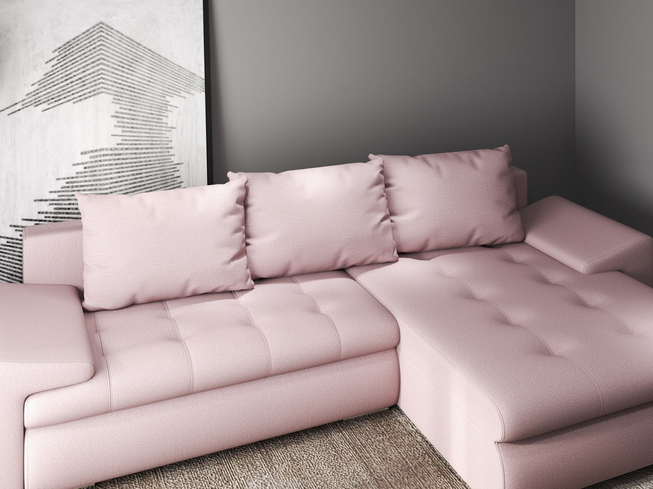 Colțar extensibil dumonde cu ladă de depozitare si sezut confortabil din spuma HR, Leonardo Enjoy Roz 260x185 cm II Fabrica