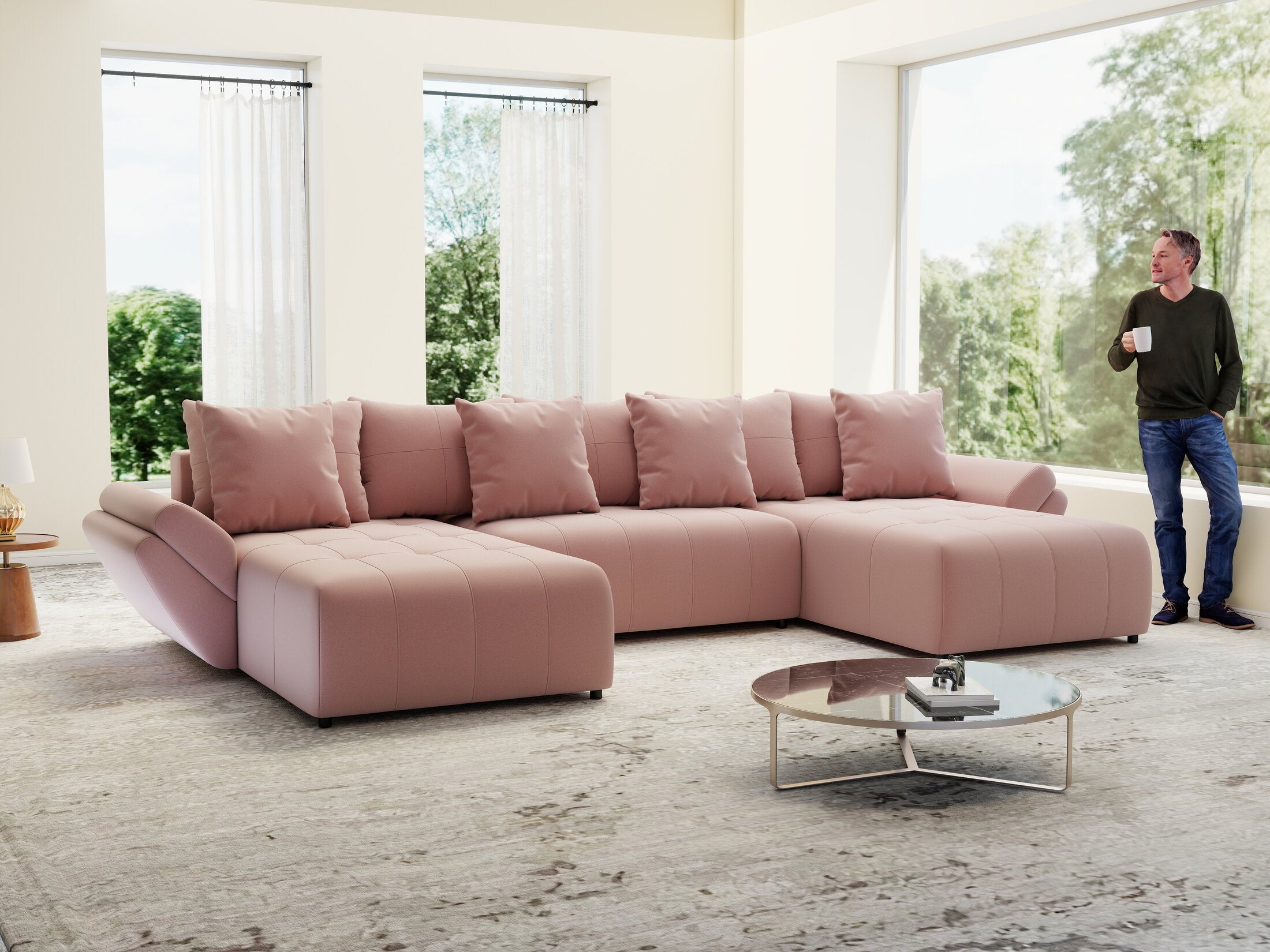 Colțar extensibil dumonde cu ladă de depozitare si sezut confortabil din spuma HR, Berlin U Royal Roz 380x180 cm