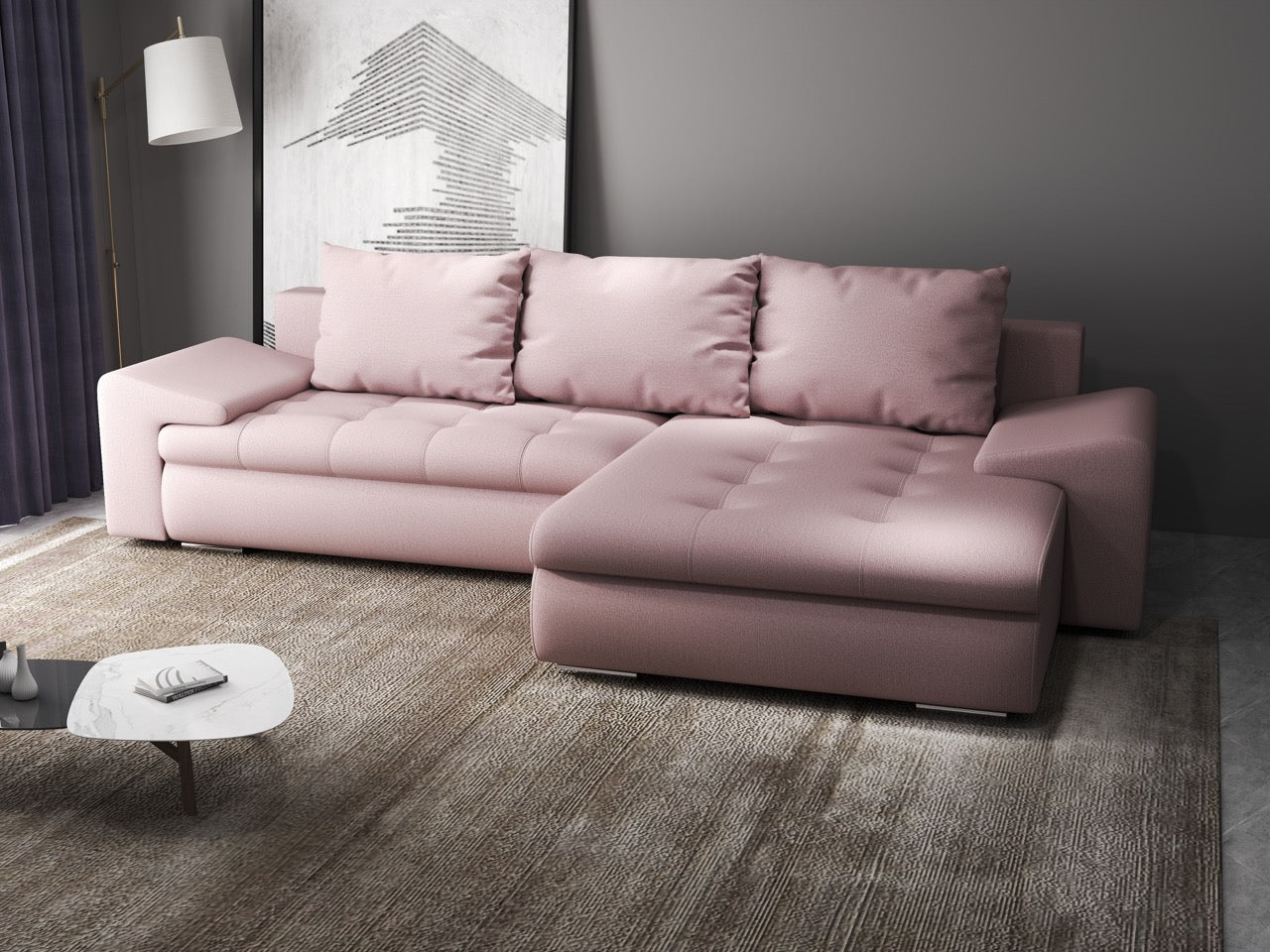 Colțar extensibil dumonde cu ladă de depozitare si sezut confortabil din spuma HR, Leonardo Enjoy Roz 260x185 cm II Fabrica