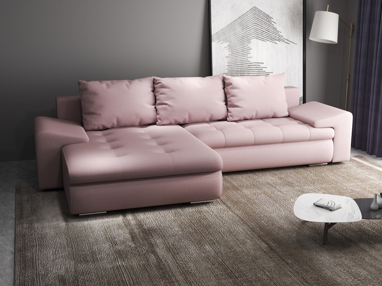 Colțar extensibil dumonde cu ladă de depozitare si sezut confortabil din spuma HR, Leonardo Enjoy Roz 260x185 cm Fabrica