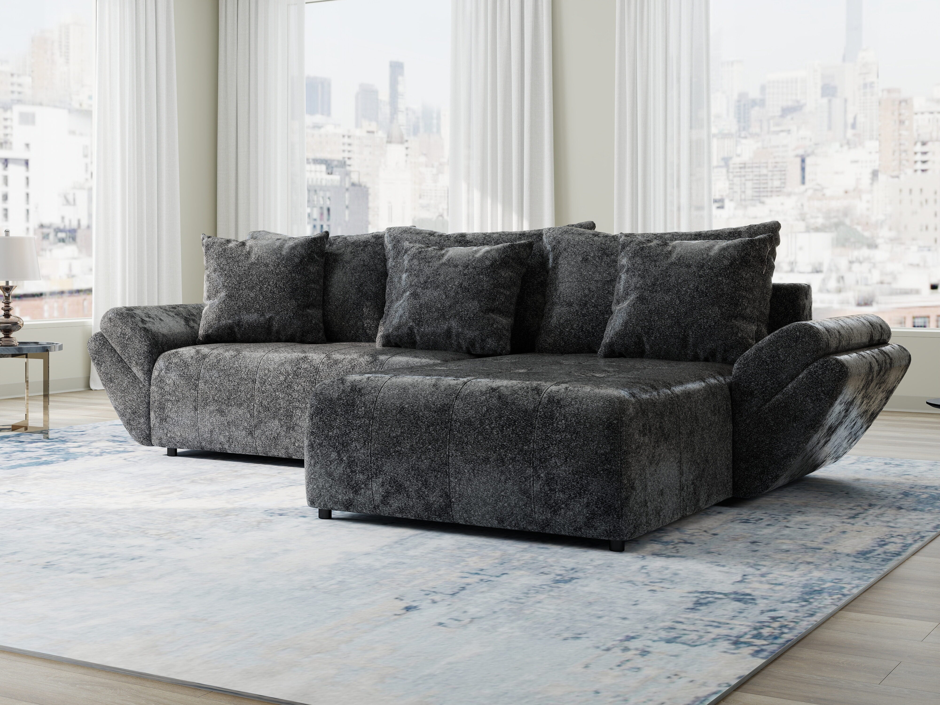 Colțar extensibil dumonde cu ladă de depozitare si sezut confortabil din spuma HR, Berlin Euphoria Negru 280x185 cm II