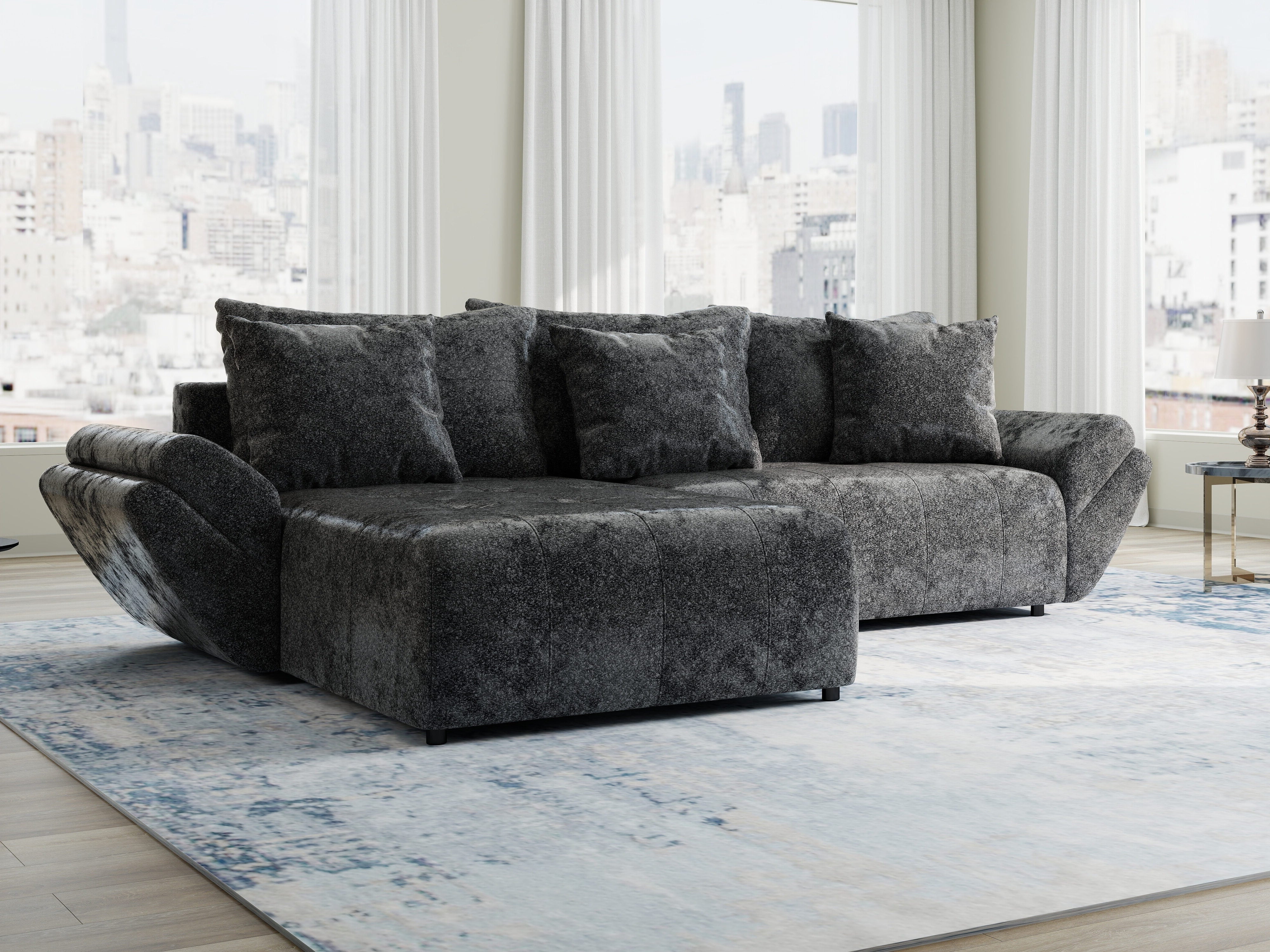 Colțar extensibil dumonde cu ladă de depozitare si sezut confortabil din spuma HR, Berlin Euphoria Negru 280x185 cm