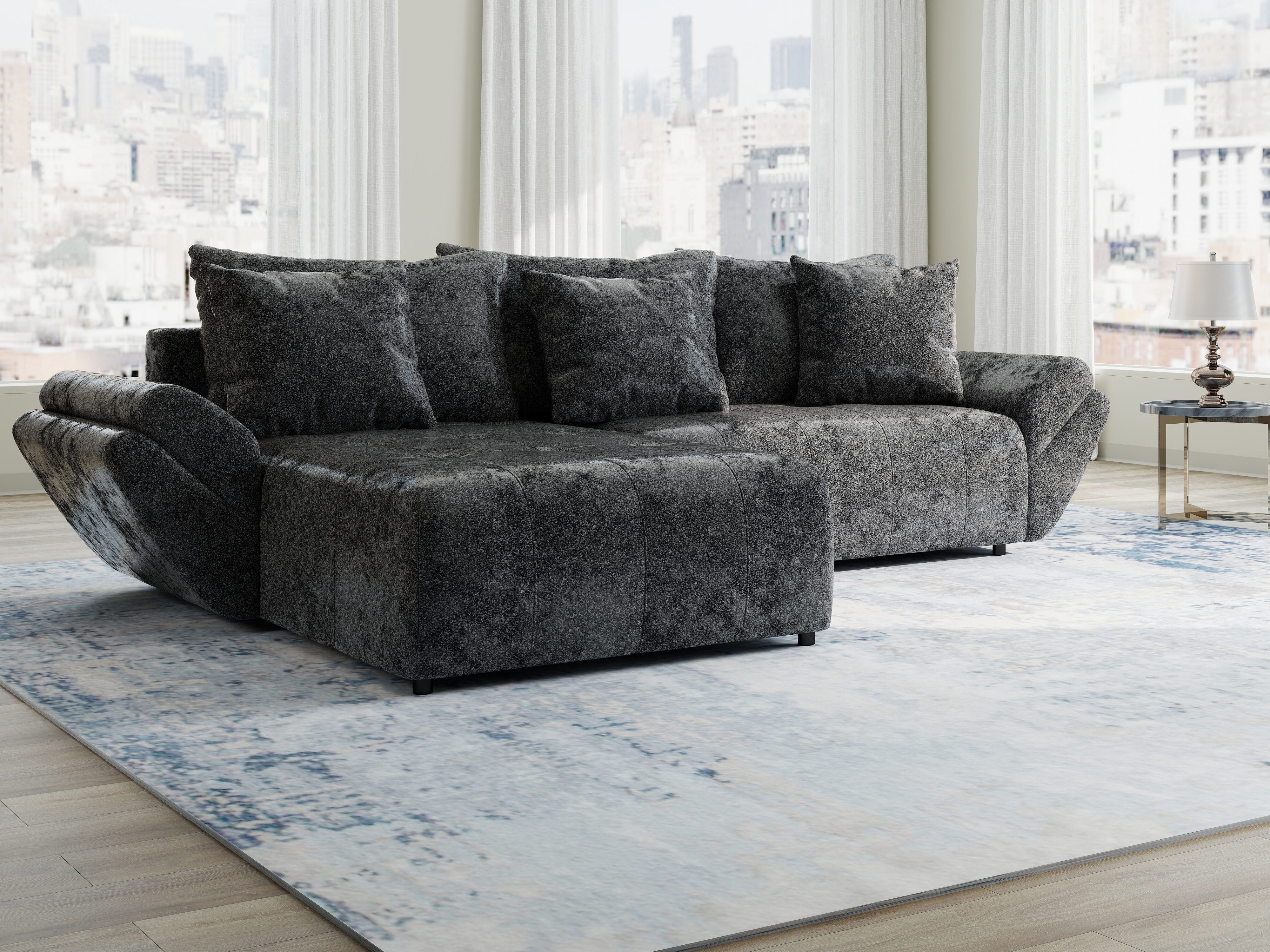 Colțar extensibil dumonde cu ladă de depozitare si sezut confortabil din spuma HR, Berlin Euphoria Negru 280x185 cm