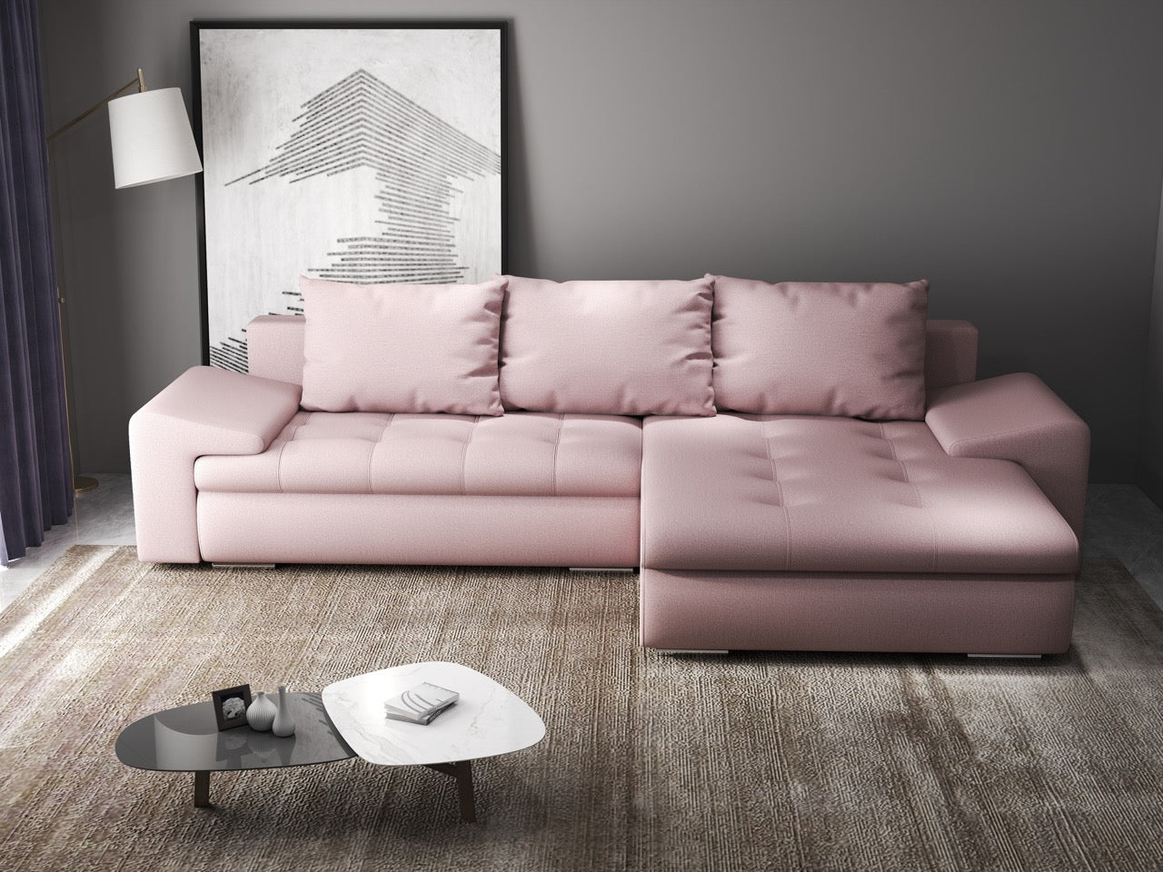 Colțar extensibil dumonde cu ladă de depozitare si sezut confortabil din spuma HR, Leonardo Enjoy Roz 260x185 cm II Fabrica