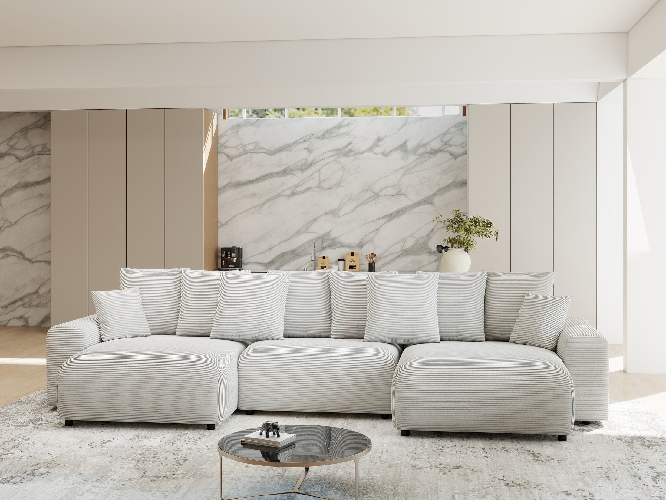 Colțar extensibil dumonde cu ladă de depozitare si sezut confortabil din spuma HR, Luma U Zoom Gri 336x140 cm