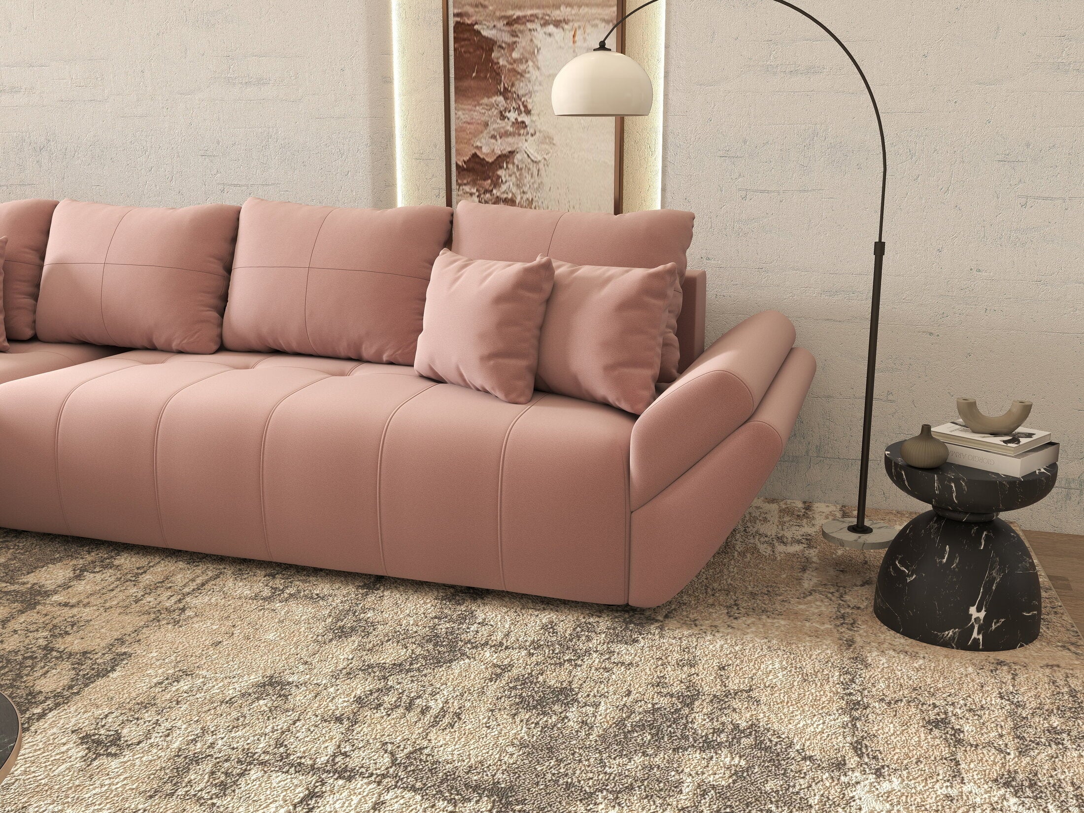 Colțar extensibil dumonde cu ladă de depozitare si sezut confortabil din spuma HR, Berlin XL Royal Roz 350x185 cm