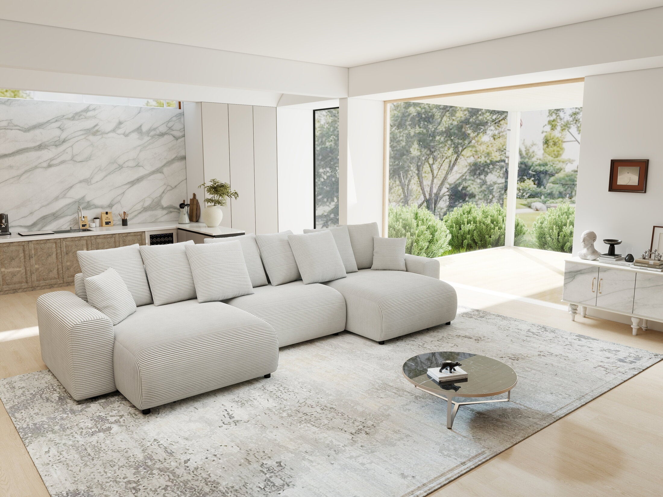 Colțar extensibil dumonde cu ladă de depozitare si sezut confortabil din spuma HR, Luma U Zoom Gri 336x140 cm