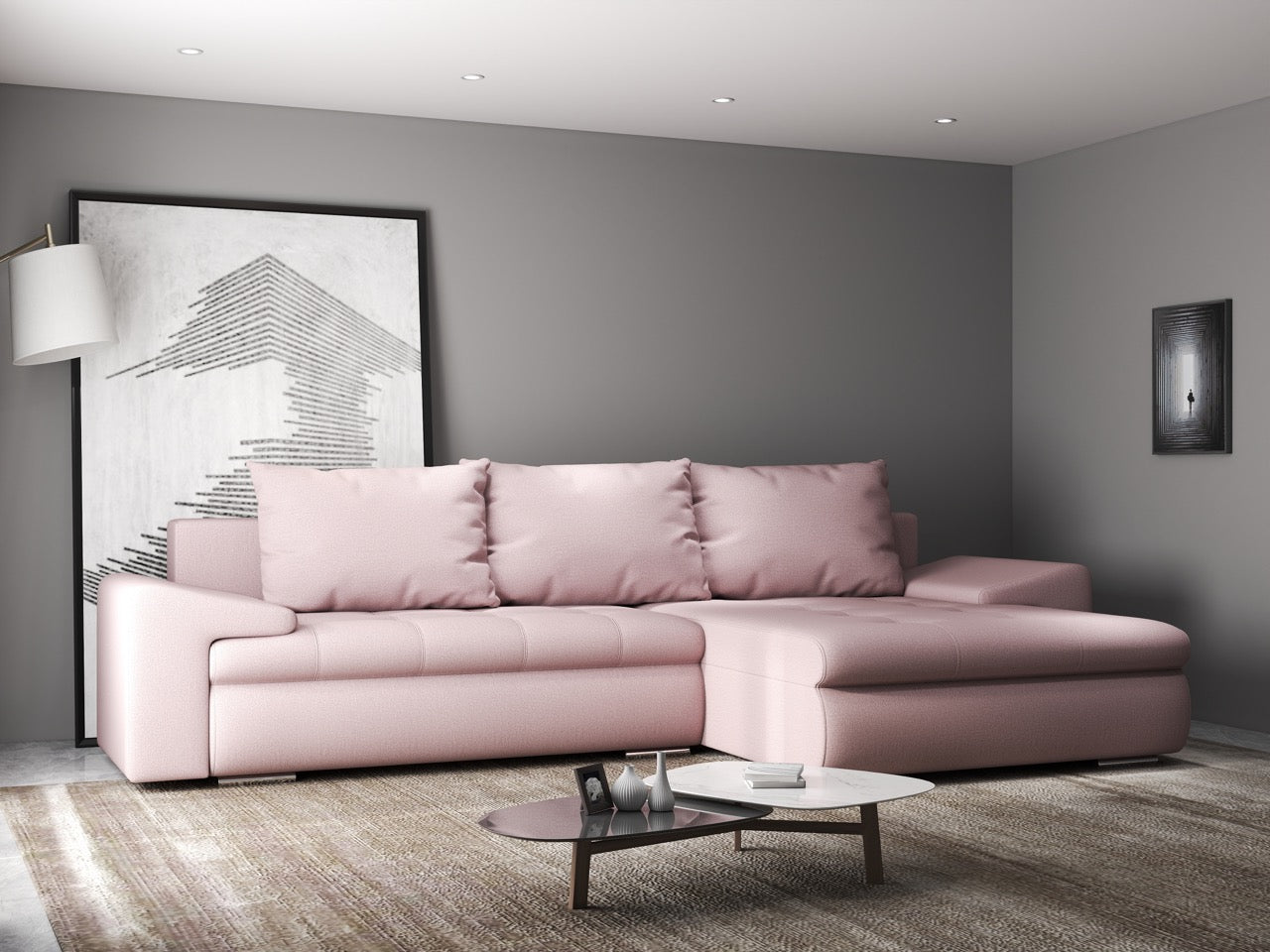 Colțar extensibil dumonde cu ladă de depozitare si sezut confortabil din spuma HR, Leonardo Enjoy Roz 260x185 cm II Fabrica